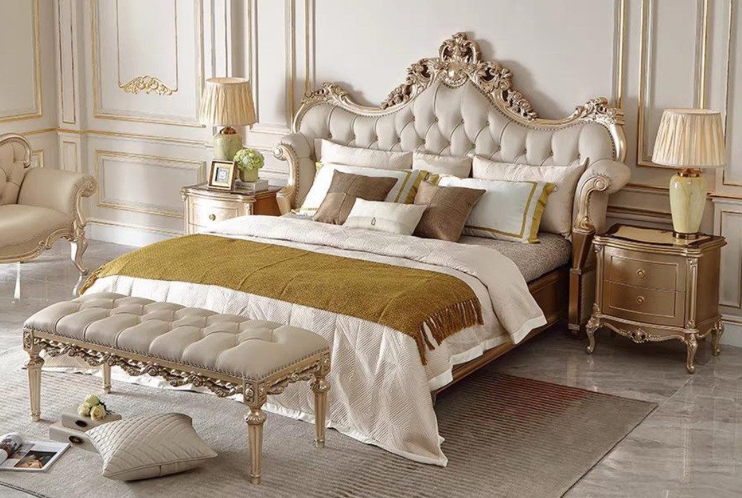 JVmoebel Polsterbett Chesterfield Massivholzbett mit Kunstlederbezug in Beige, Made in Europa
