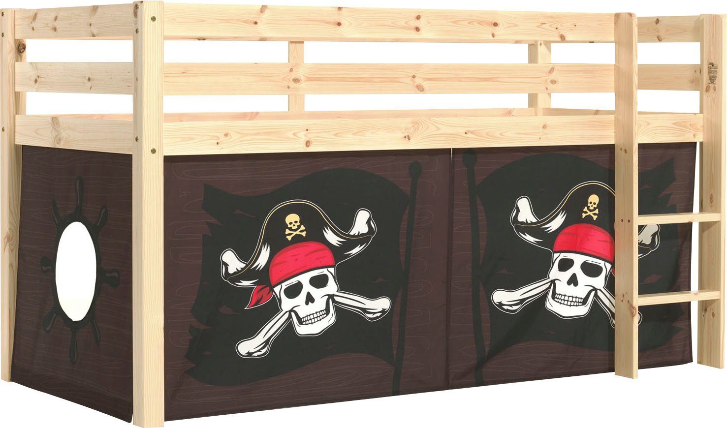 Vipack Spielbett Pino, Kiefer massiv, mit Rolllattenrost u. Textil-Set, Made in Europe (B/H/T ca. 210x114x106cm, mit Leiter und Absturzschutz), verschiedene Textil Dessins, 3 Gestellfarben zur Wahl