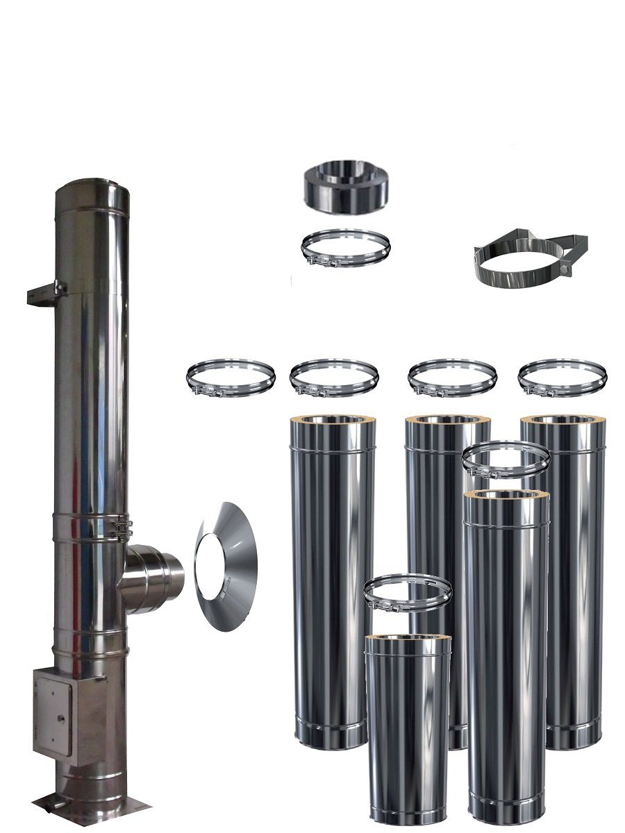 Schornstein-Zentrallager Schornstein Edelstahlschornstein Bausatz doppelwandig DW 130 Höhe 5,7 m, Ø 130.00 mm, Doppelwandig Komplett Set