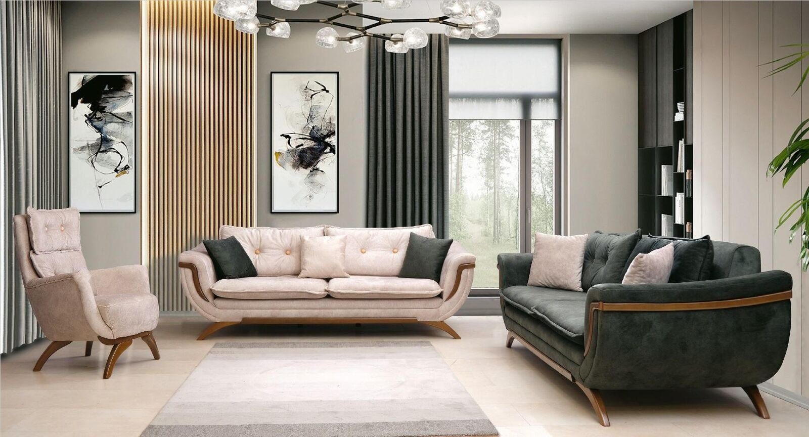 JVmoebel Sofa, Dreisitzer Wohnzimmer Set 3+3+1 Couchgarnitur Sitzpolster Stoffsofa