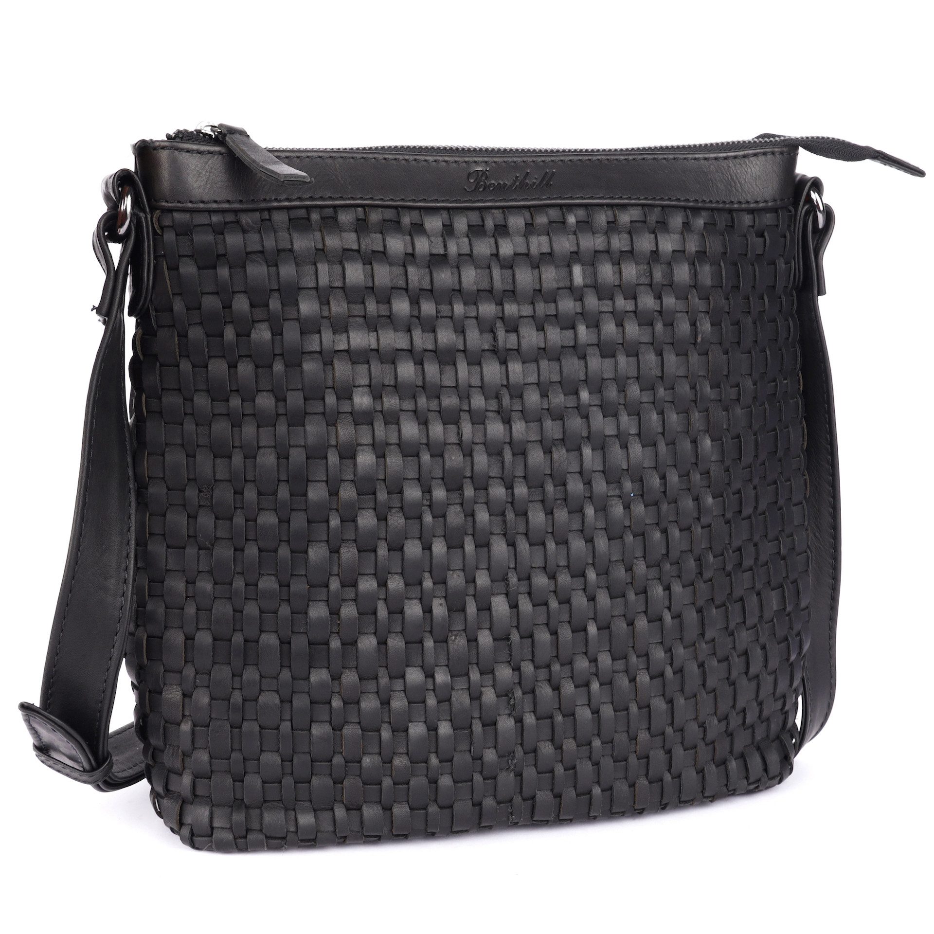 Benthill Umhängetasche Damen Echt Leder Umhängetasche Vintage Handtasche geflochtenem Muster, Schultergurt / Umhängegurt Reißverschlussfach