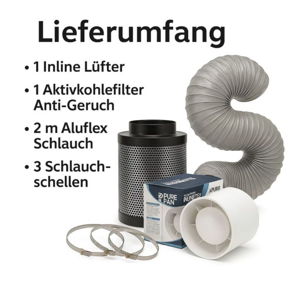 Purple Leafz Abluft-Set Grow Abluft Set Eco 107 m³/h 100 mm Anschluss – Lüfter Grow, Abluftset mit Aktivkohlefilter und Rohrlüfter
