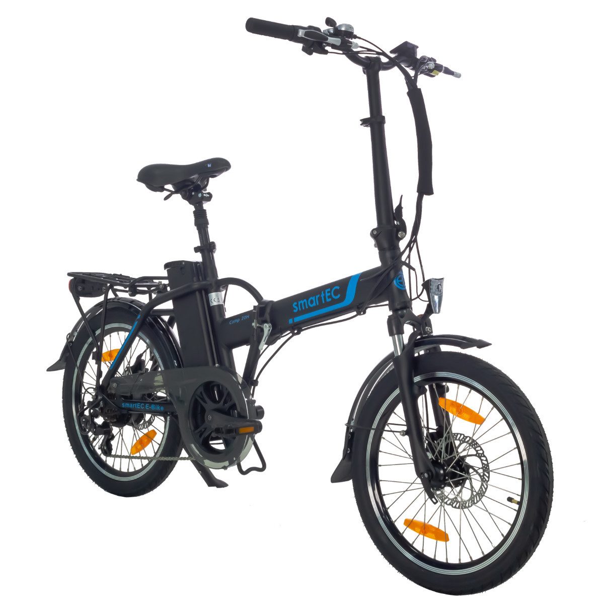 smartEC E-Bike 20 Zoll Klapprad Camp-20H Schwarz, 7 Gang Shimano Tourney Schaltwerk, Kettenschaltung, Hinterrad-Nabenmotor, 562,00 Wh Akku, Batterie, Damen/Herren Unterstützung 25 km/h Anfahrhilfe Scheibenbremse StVZO