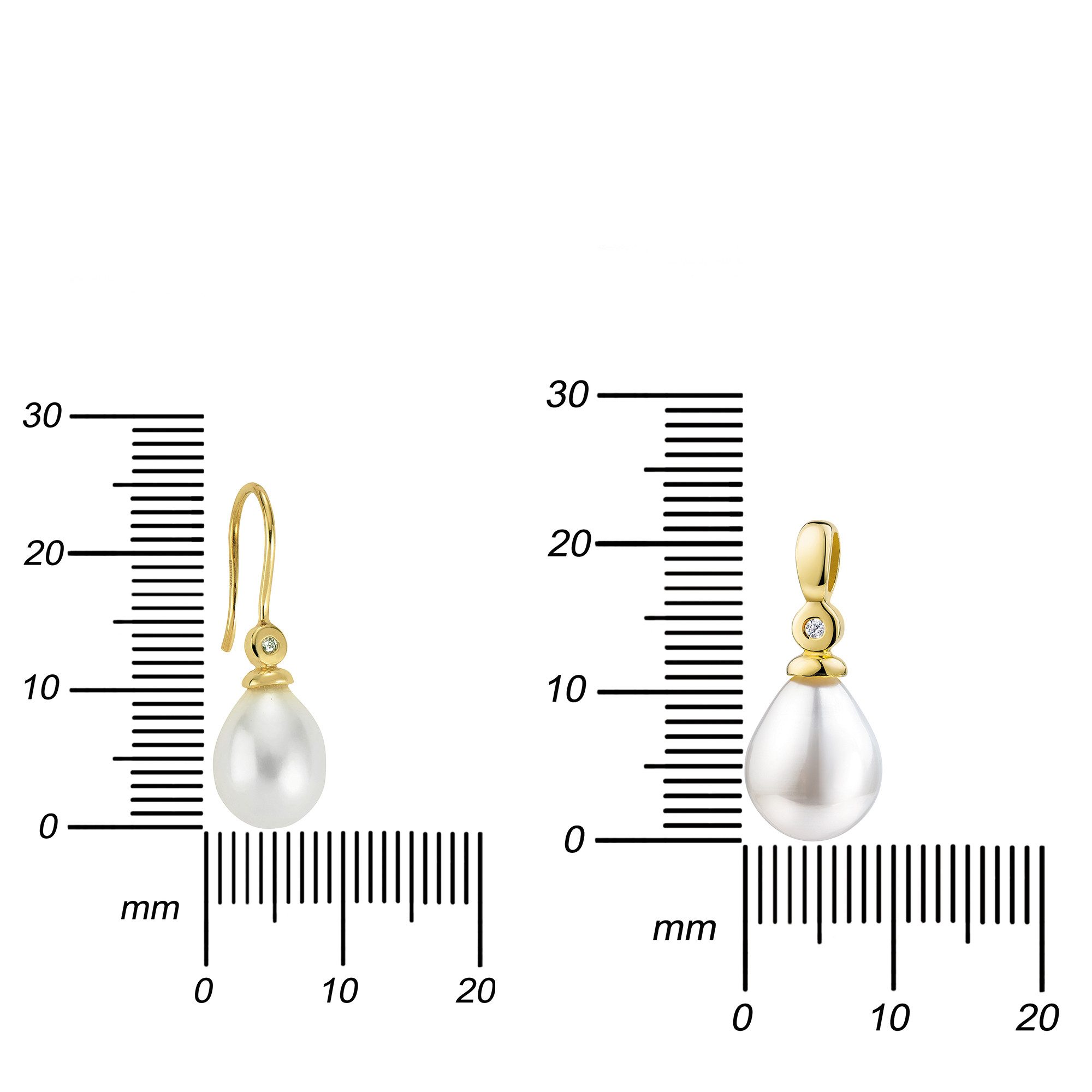 JEVELION Schmuckset Perlen-Anhänger + 2 Ohrhänger 750 Gold + Diamanten im Brillantschliff (Goldanhänger + Gold-Ohrschmuck, für Damen und Mädchen), Mit Kette vergoldet- Länge wählbar 36 - 70 cm oder ohne Kette.
