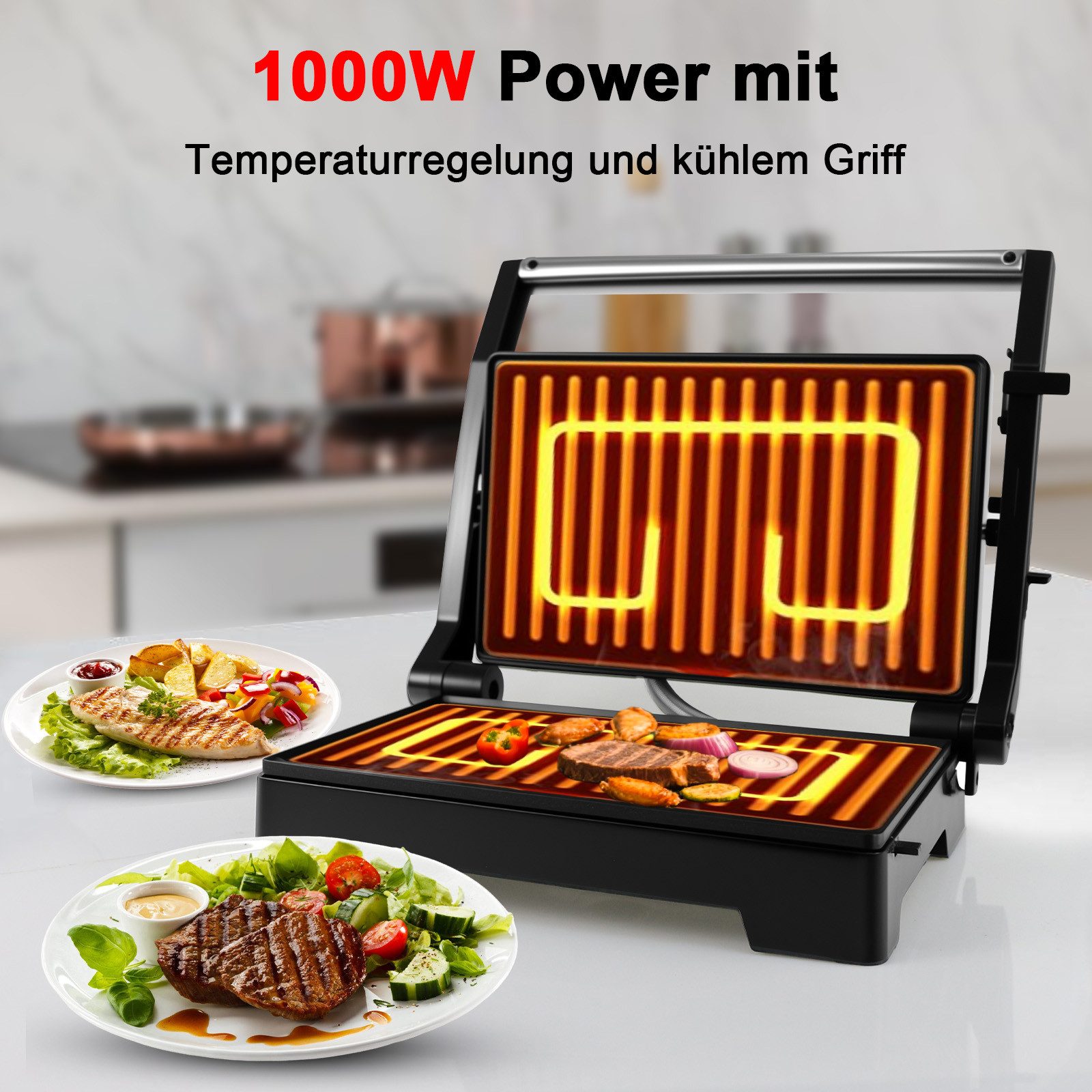 kisidus Kontaktgrill Elektrischer Tischgrill, antihaftbeschichtetete Platten, Paninimaker, 1000 W, sandwichtoaster, 180° Öffnung, für Sandwiches, Steaks, Gemüse, Panini