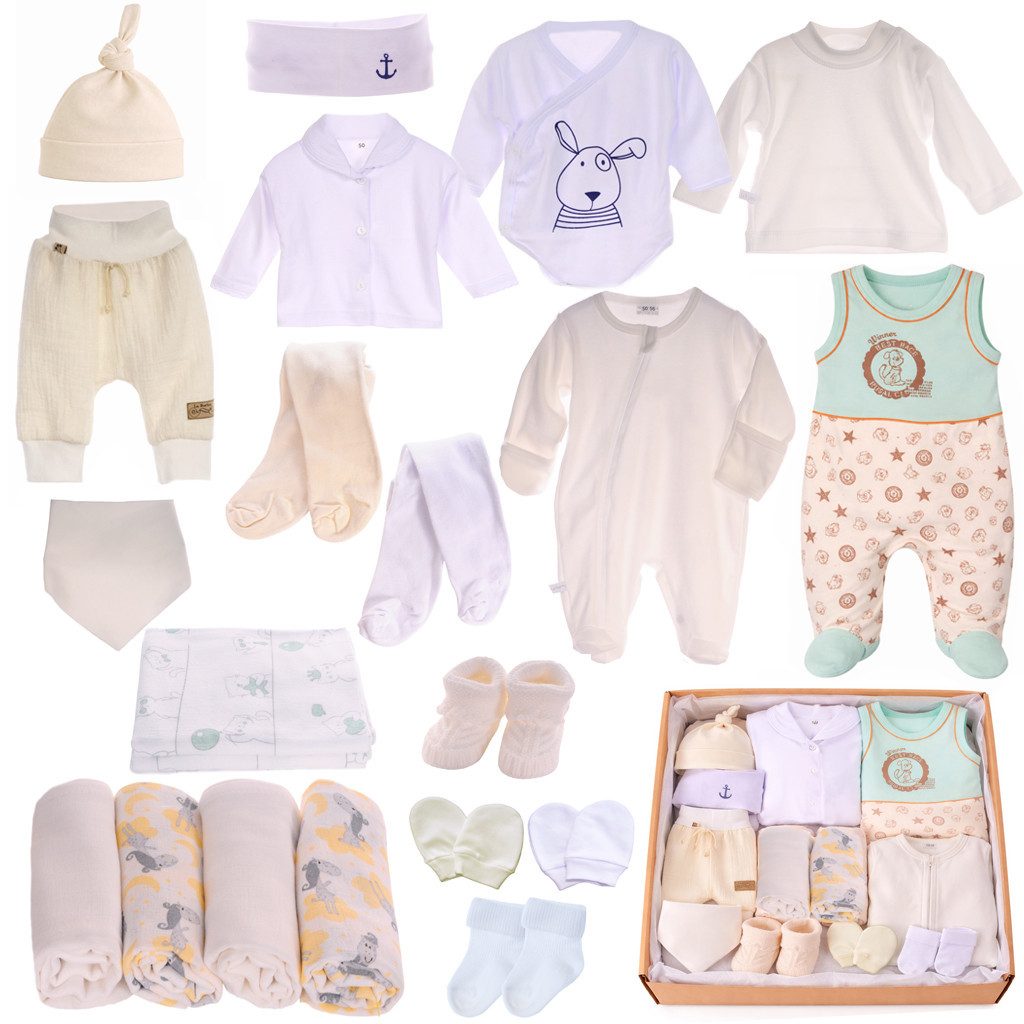 La Bortini Erstausstattungspaket Baby Set Strampler Body Shirt Hose Mütze Strumpfhose Paket (Spar-Set, Spucktücher, Fäustlinge, Socken, Stirnband, Flanell-Tücher) aus Baumwolle, 21-teilig, crem weiß, 44 50 56 62 68