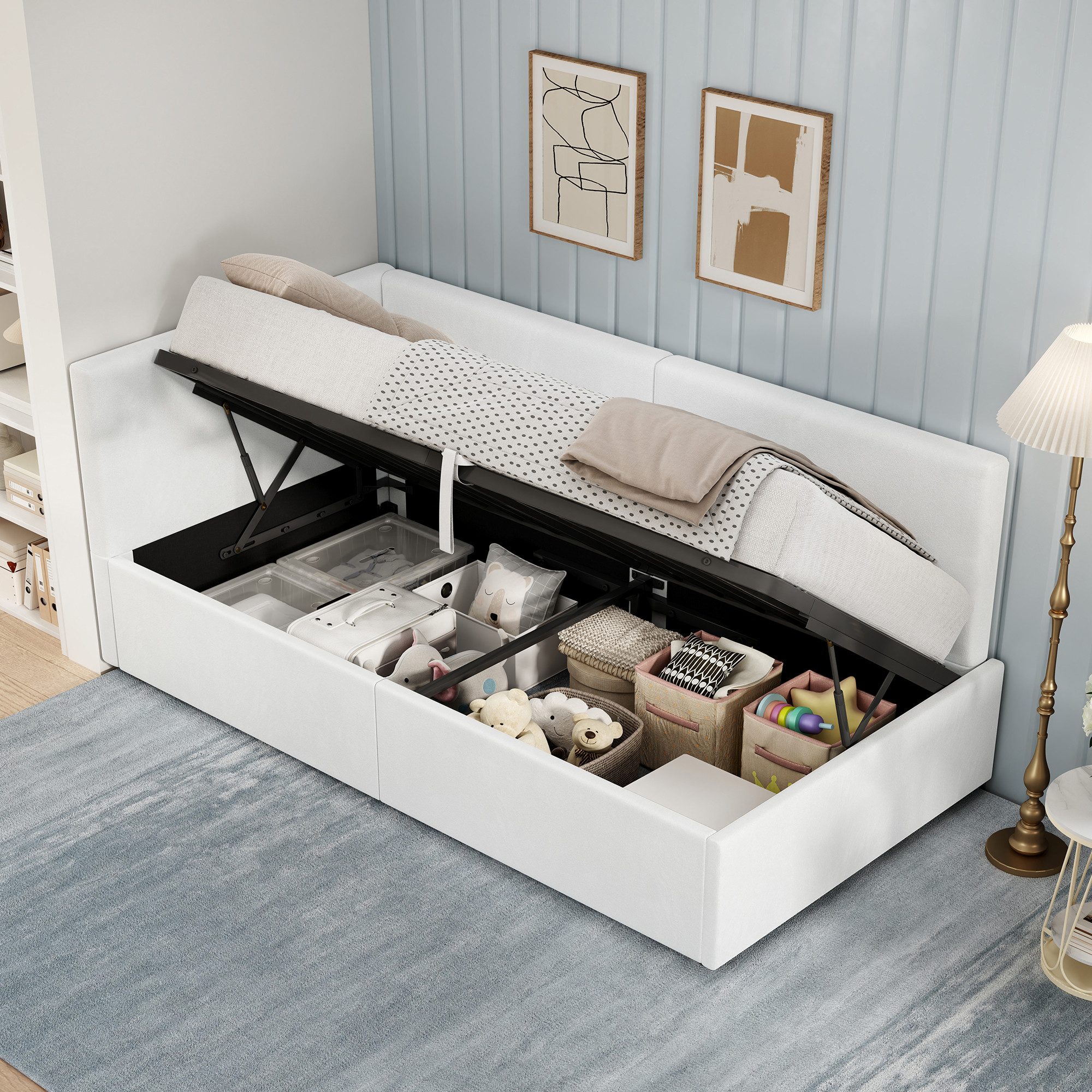 AMERLIFE Daybett mit 2-in-1 Funktion, Gasfeder-Bettkasten & Samtbezug in Cremeweiß (1 tlg), Praktisches 2-in-1 Design