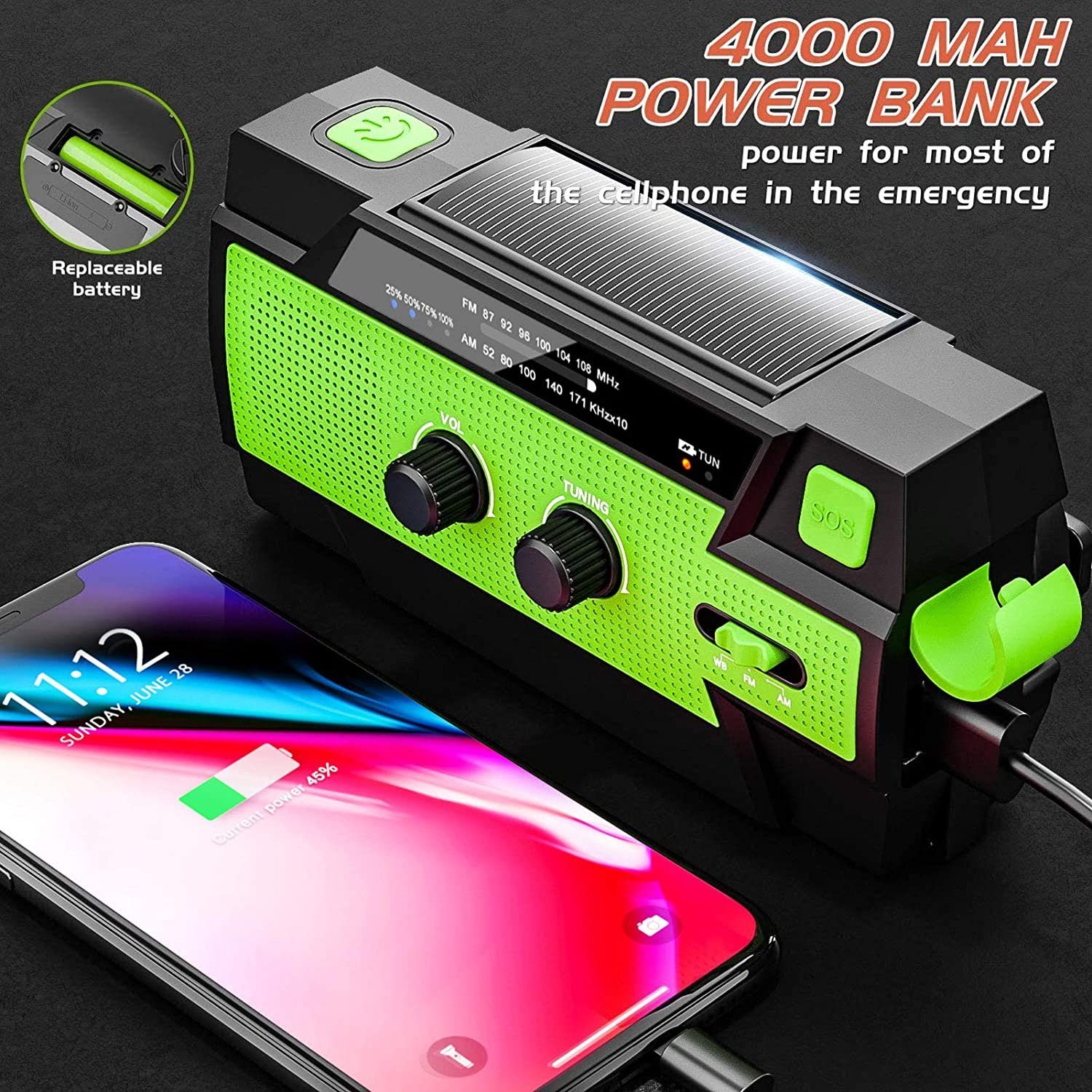 4000mAh autolock für Radio,AM/FM Notfallradio Camping SOS-Alarm (DAB), Tragbar Gruen (DAB) (Digitalradio Batterie und 4 Solar LED USB für Mit Kurbelradio Digitalradio Modi Notfall) Taschenlampe