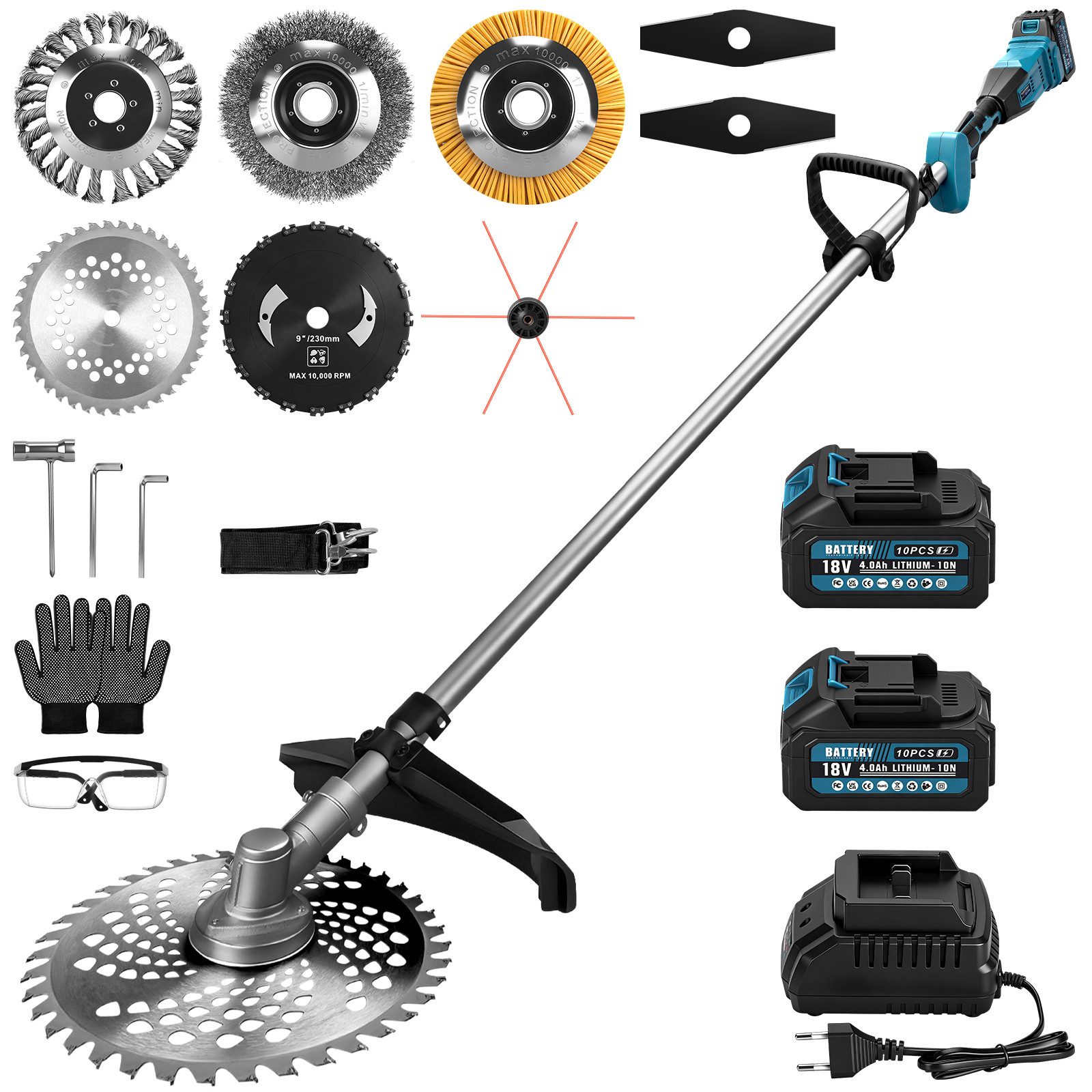 XIIW Akku-Motorsense 1380W Akku-Rasentrimmer mit 7 Klingentypen & 2×4.0Ah Akku, L168cm, (18800 U/min Teleskop Freischneider, 26 mm x 9T), Rasenmäh-Werkzeuge für Höfe, Gärten und Kleinen