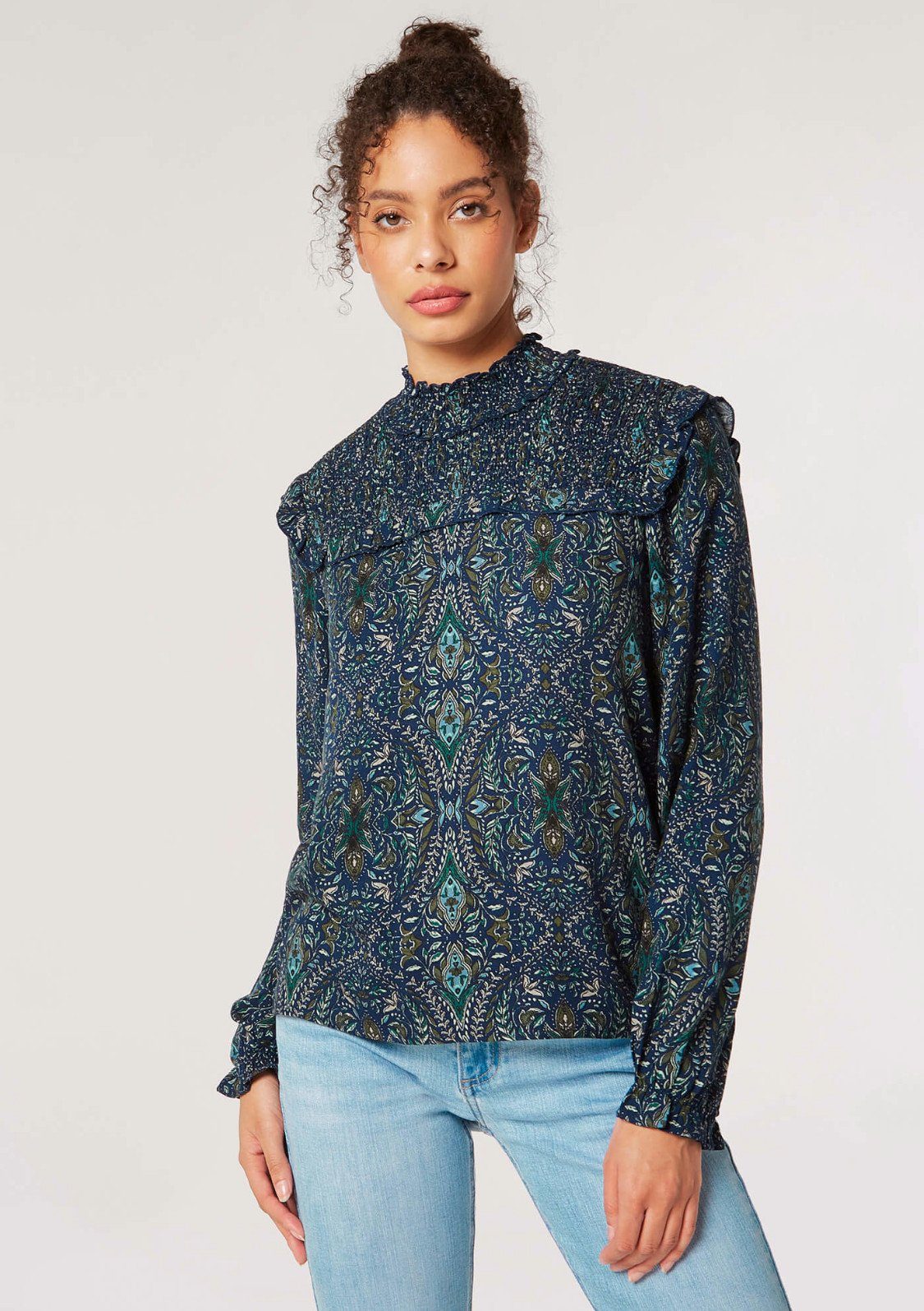 Apricot Blusentop Paisley Long Sleeve Ruffle Top (1-tlg) mit Rüschen blau mehrfarbig