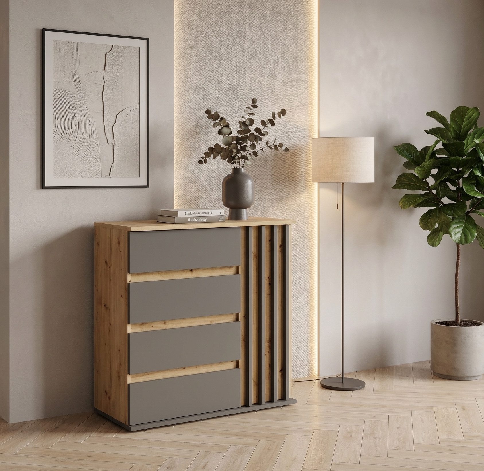 Home affaire Kommode LANDUVA Sideboard mit viel Stauraum, Breite 80 cm, Schrank mit Schubladen und 1 Tür, Lamellen Design
