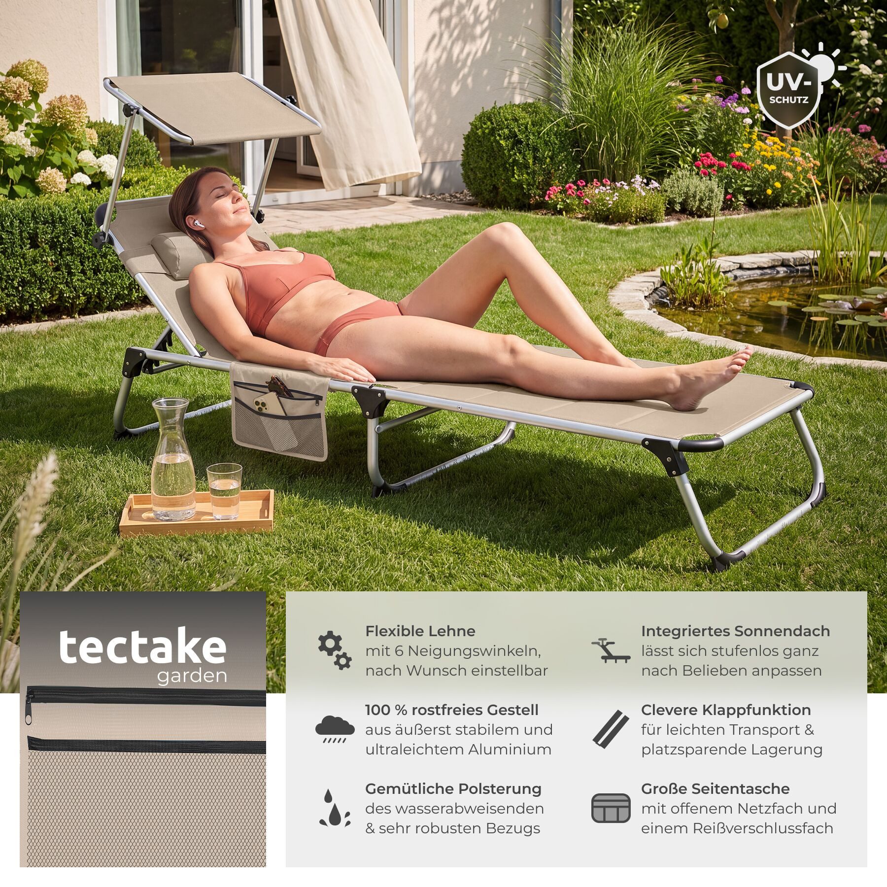 tectake Gartenliege klappbare Aluminium Sonnenliege, 220 x 60,5 x 34 cm, mit, Balkonliege Lorella, 1 St., für Außen in Beige, gepolstert, wetterfest und UV-beständig, verstellbar mit Kopfpolster