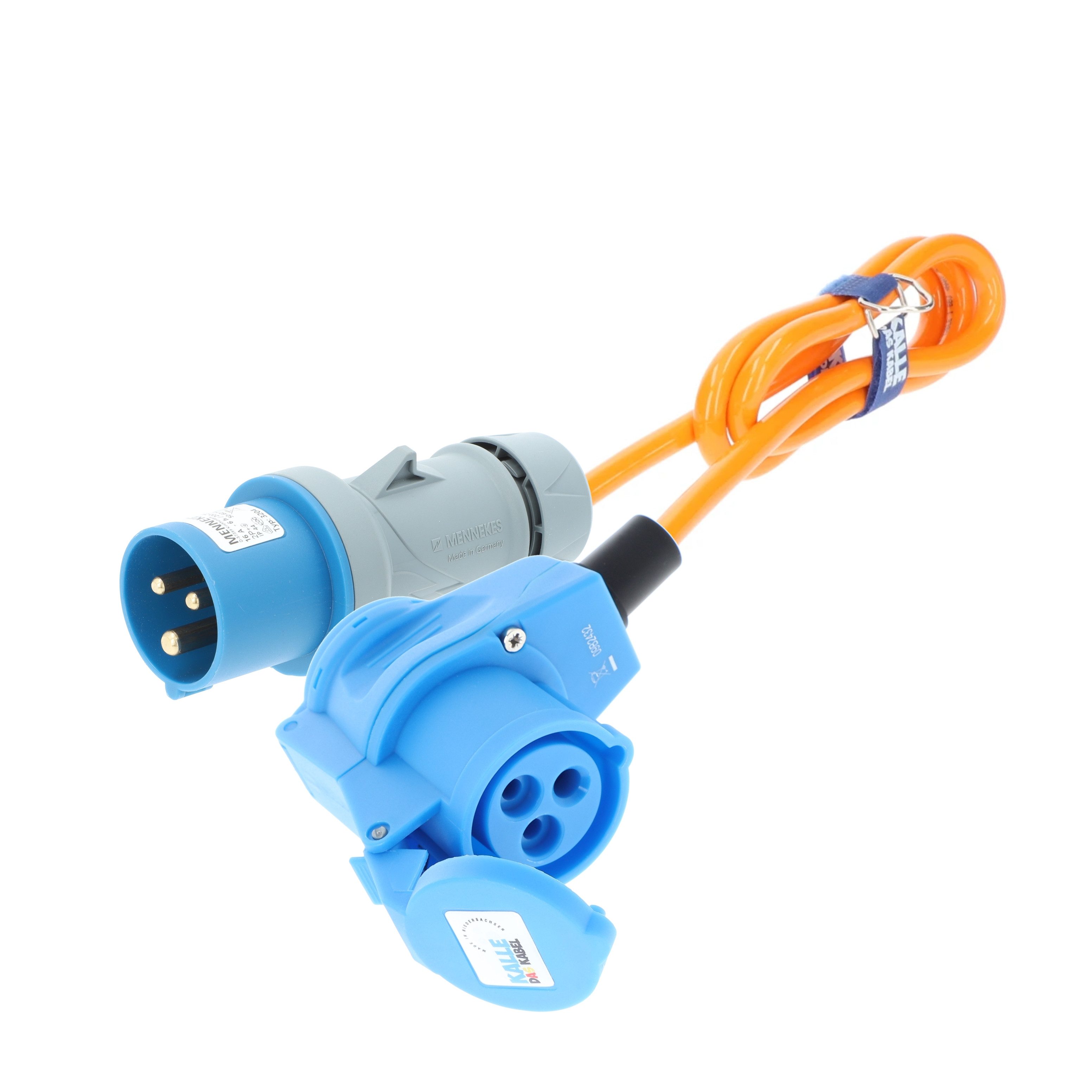 KALLE DAS KABEL Kalle Verlängerungskabel CEE 230V16A 2,5 Winkel Signal Orange IP441,5m Verlängerungskabel, CEE 230V, 16A, CEE Winkelkupplung 230V, 16A mit rückseitiger Schuko Steckdose (150 cm)
