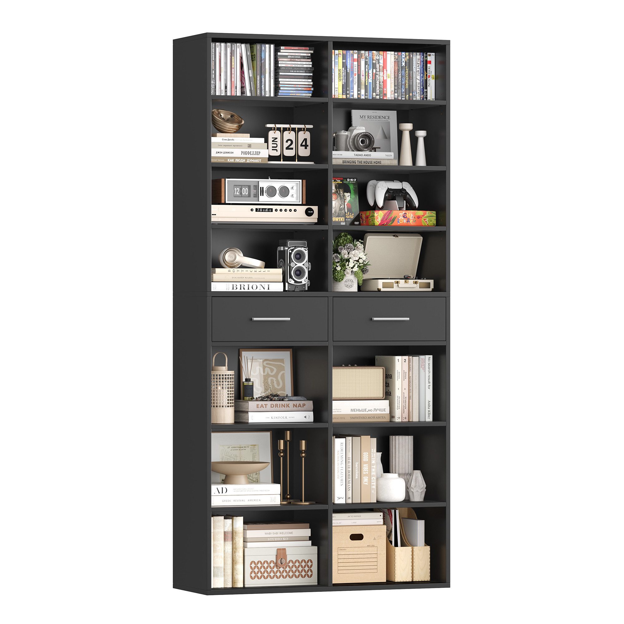 HOMECHO Bücherregal, 185,5 cm hoch Standregal mit 8 Ebenen und 2 Schubladen