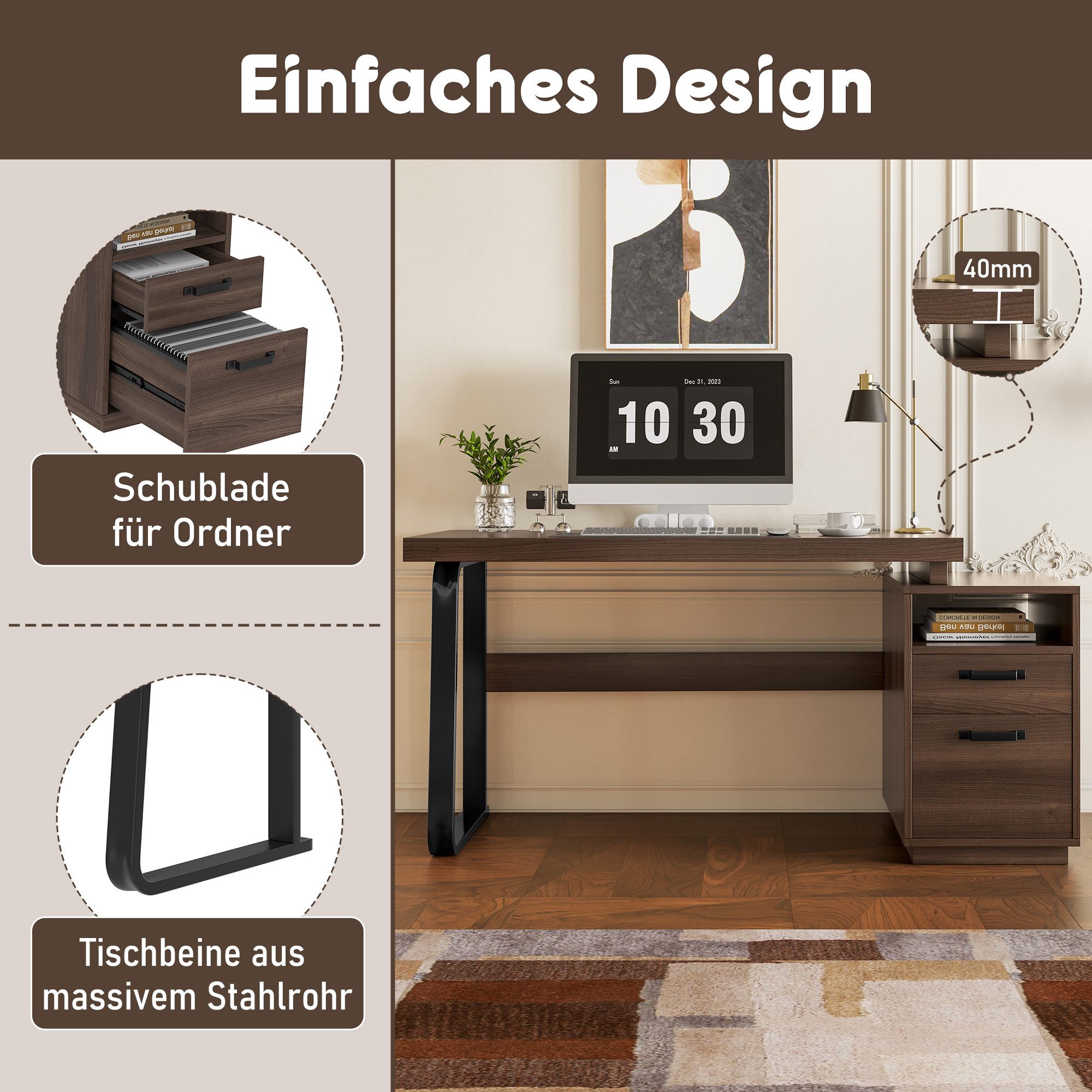 KLAM HOME Schreibtisch 135 x 54 x 76cm moderner Schreibtisch im minimalistischen Stil (multifunktionales Aufbewahrungsdesign, geräuschlose Schublade), MDF-Schre – Bild 5 von 5