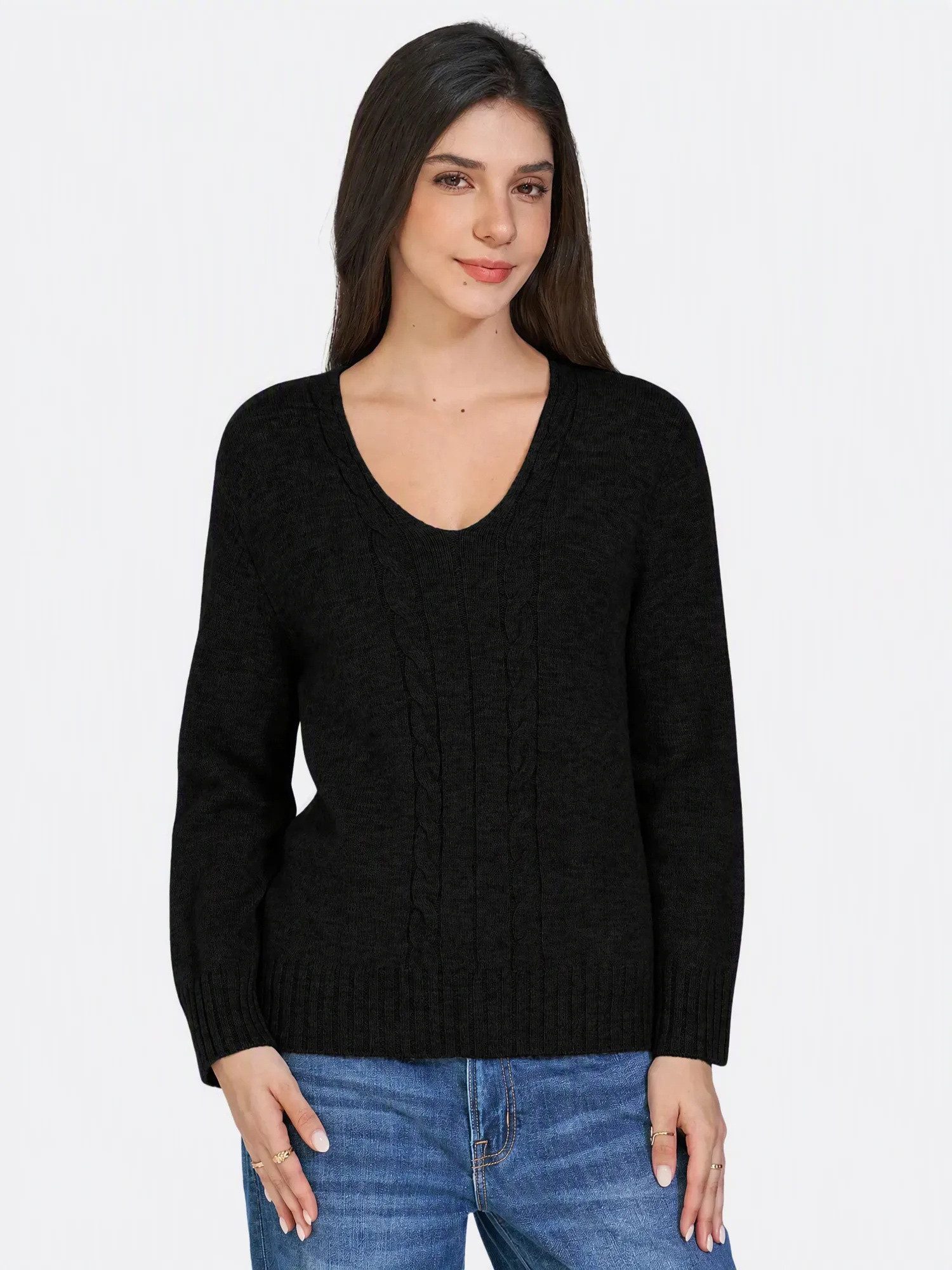Imily Bela Strickpullover Damen V-Ausschnitt-pullover mit Zopfmuster (Packung, 1-tlg., 1per-Pack) in Unifarbe