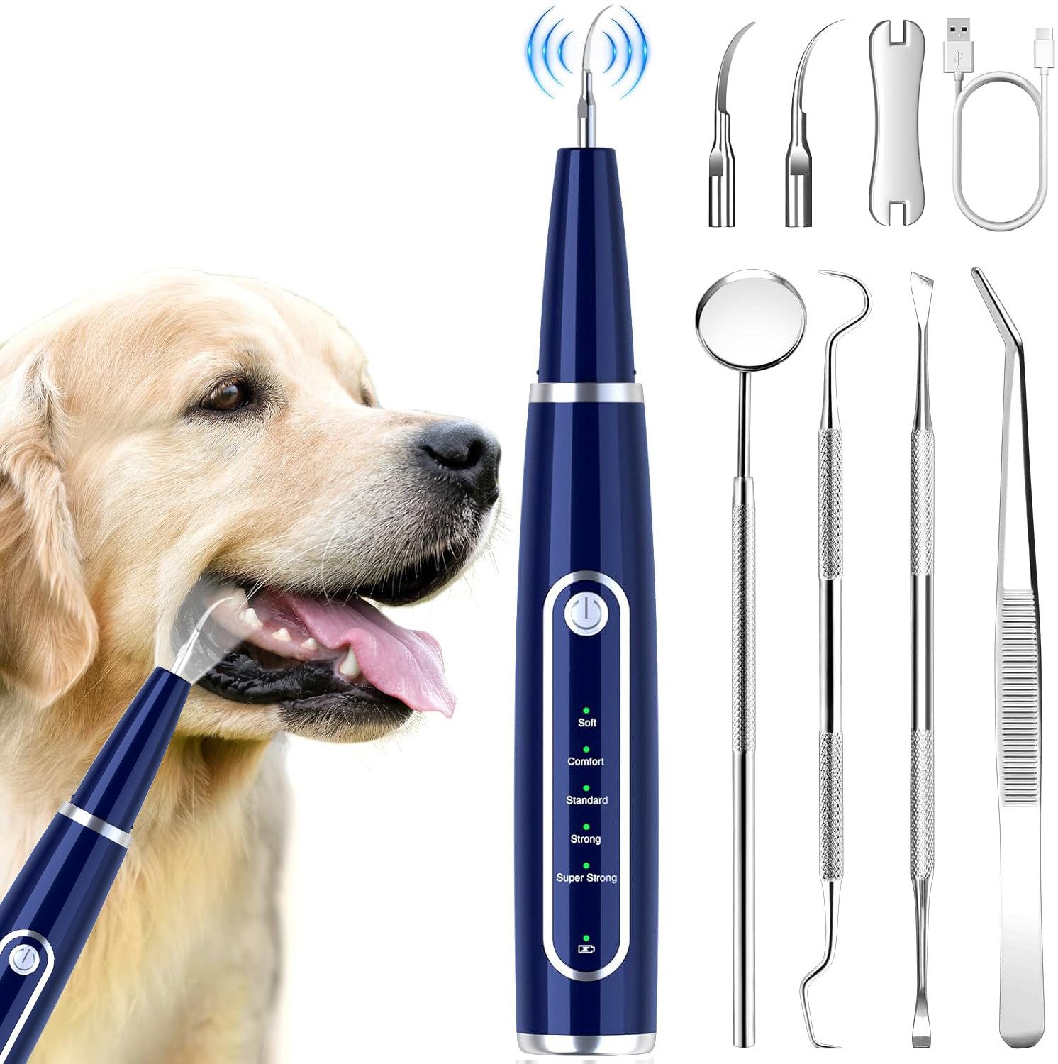 poweradd pro Zahnpflege-Set Ultraschall-Zahnreiniger für Hunde/Katzen, 5 Modi & 3 Köpfe, IPX7 wasserdicht (1500mAh)​