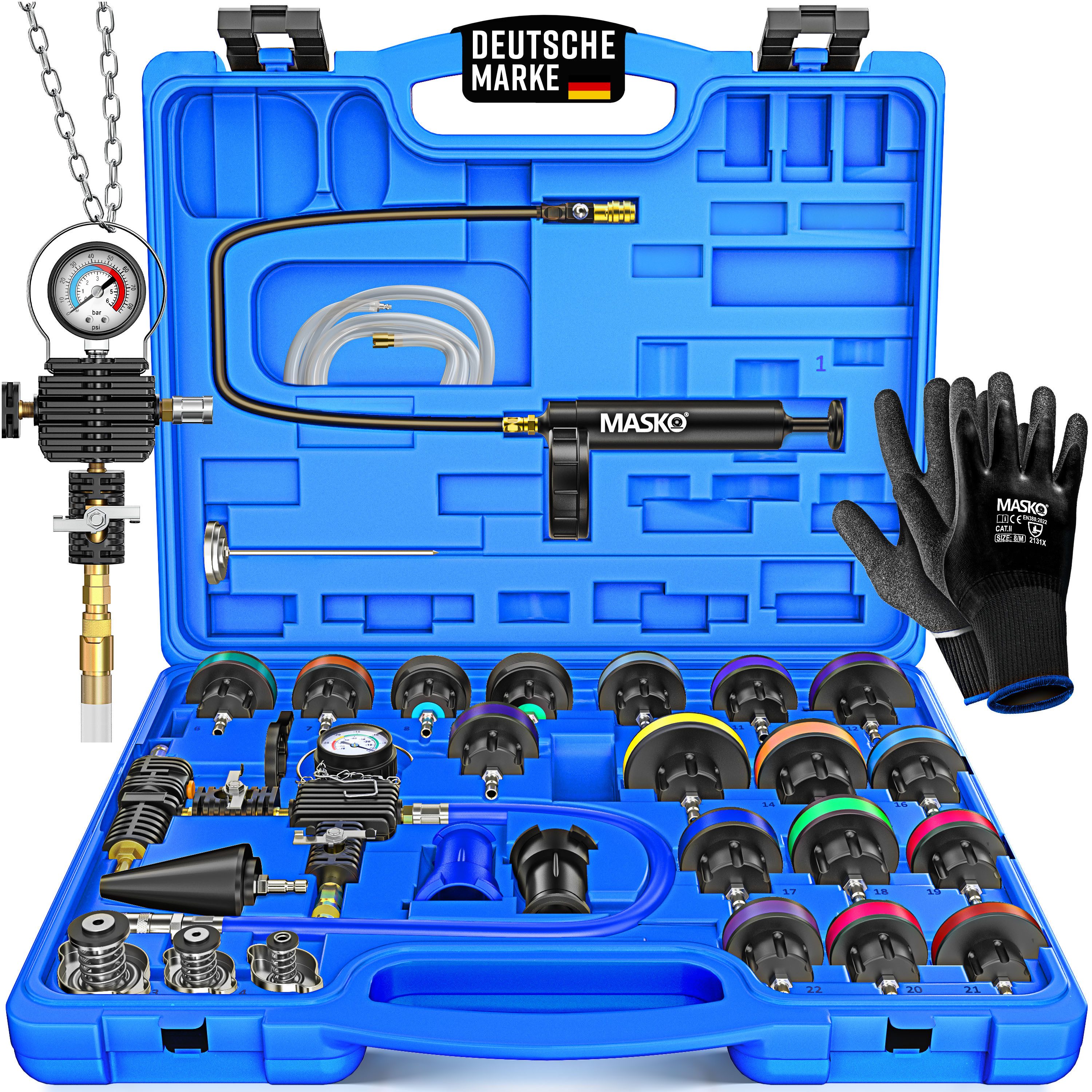MASKO Multitool Kühlsystem Tester & Abdrückgerät - universeller Kühler Prüfgerät, (28-teiliges Kühlsystem-Nachfüll-Set inkl. Kühleradapter, Vakuumpumpe), Kühlerdruckprüfer - Kühler Entlüftungsgerät für Auto, Van, SUV, LKW