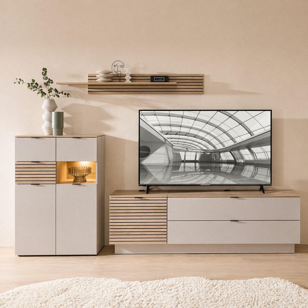 Lomadox Wohnzimmer-Set ISCHIA-36, (Mega-Spar-Set, 4-St., Highboard Lowboards Wandboard), in Beige mit Eiche, inkl. Beleuchtung, Lamellenoptik
