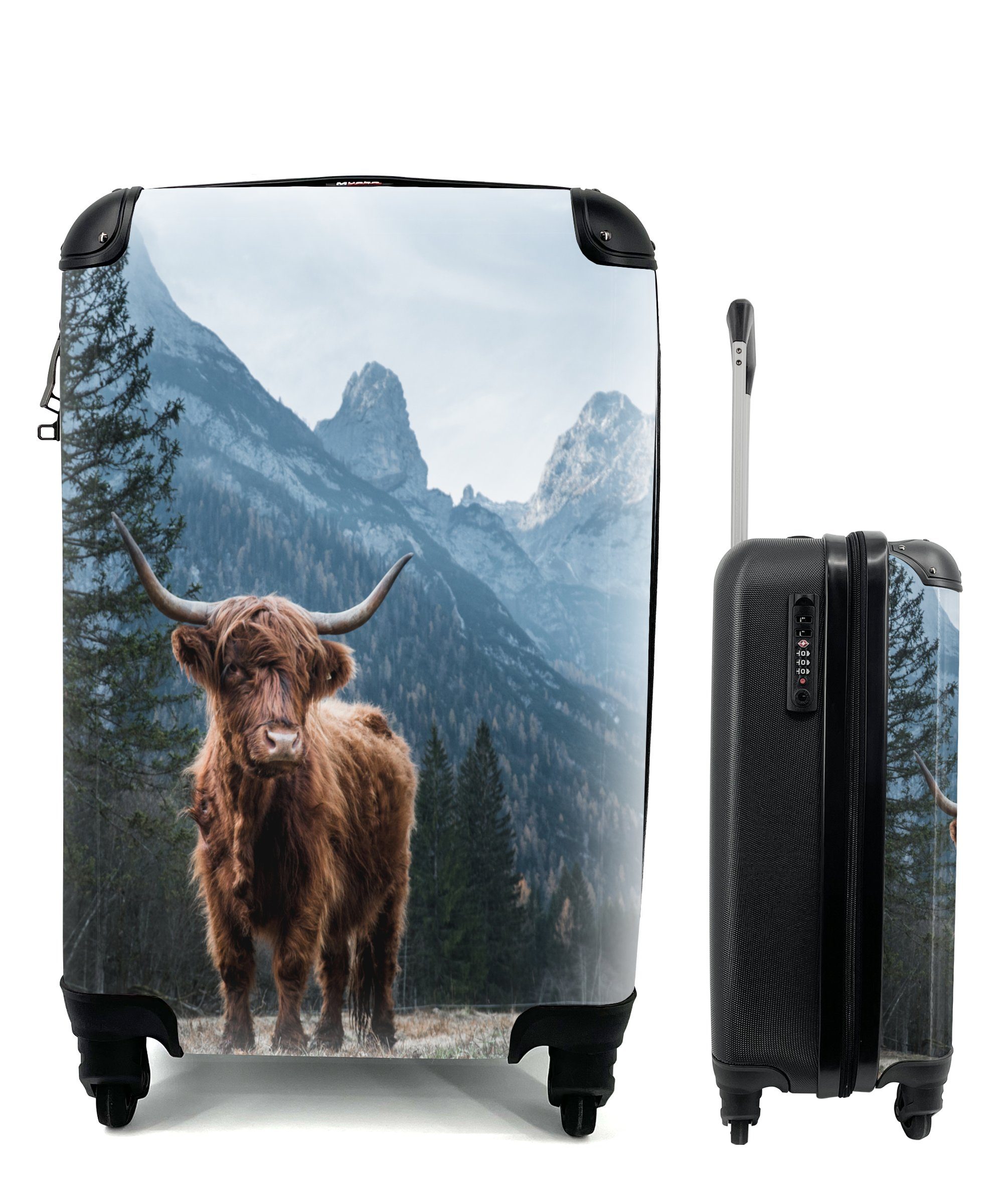 Trolley, Berg - Natur, Schottische mit Highlander - - Kuh Ferien, Reisekoffer - für 4 Landschaft Rollen, Handgepäck Handgepäckkoffer Reisetasche MuchoWow rollen, - Bäume