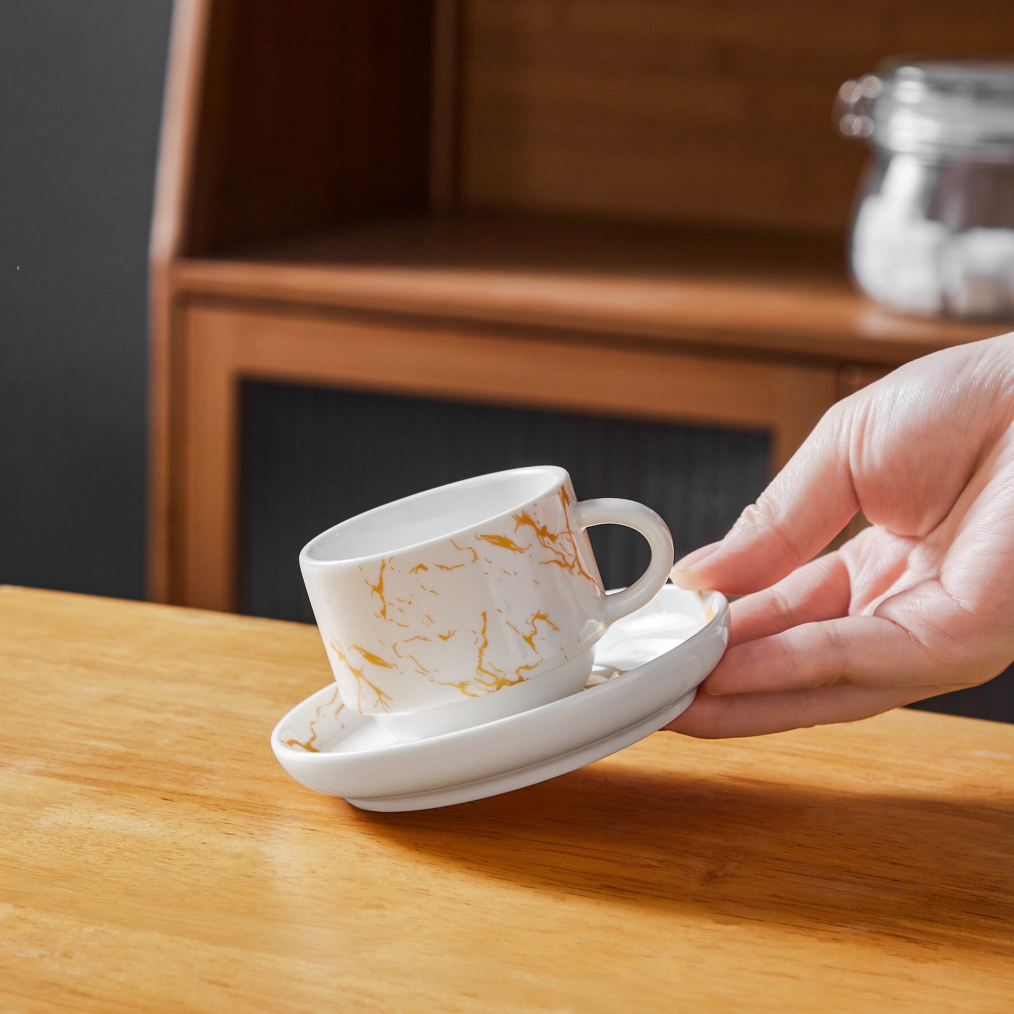 MALACASA Kaffeeservice Porzellan Espressotasse, Metallständer, Weiß/Schwarz/Marmor (6-tlg), 6 Personen, Porzellan – Bild 4 von 5