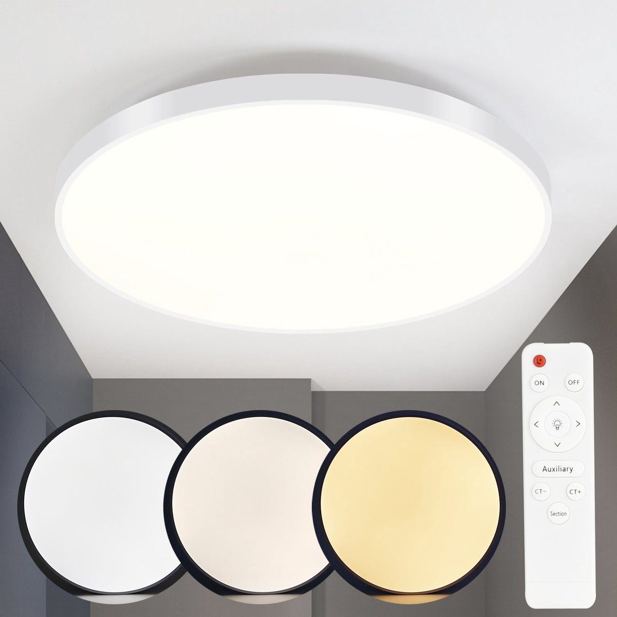 ZMH LED Deckenleuchte Stufenlos ∅37 X 2.5 cm, Dimmbar, LED fest integriert, Tageslichtweiß, warmweiß-kaltweiß, Weiß /Schwarz