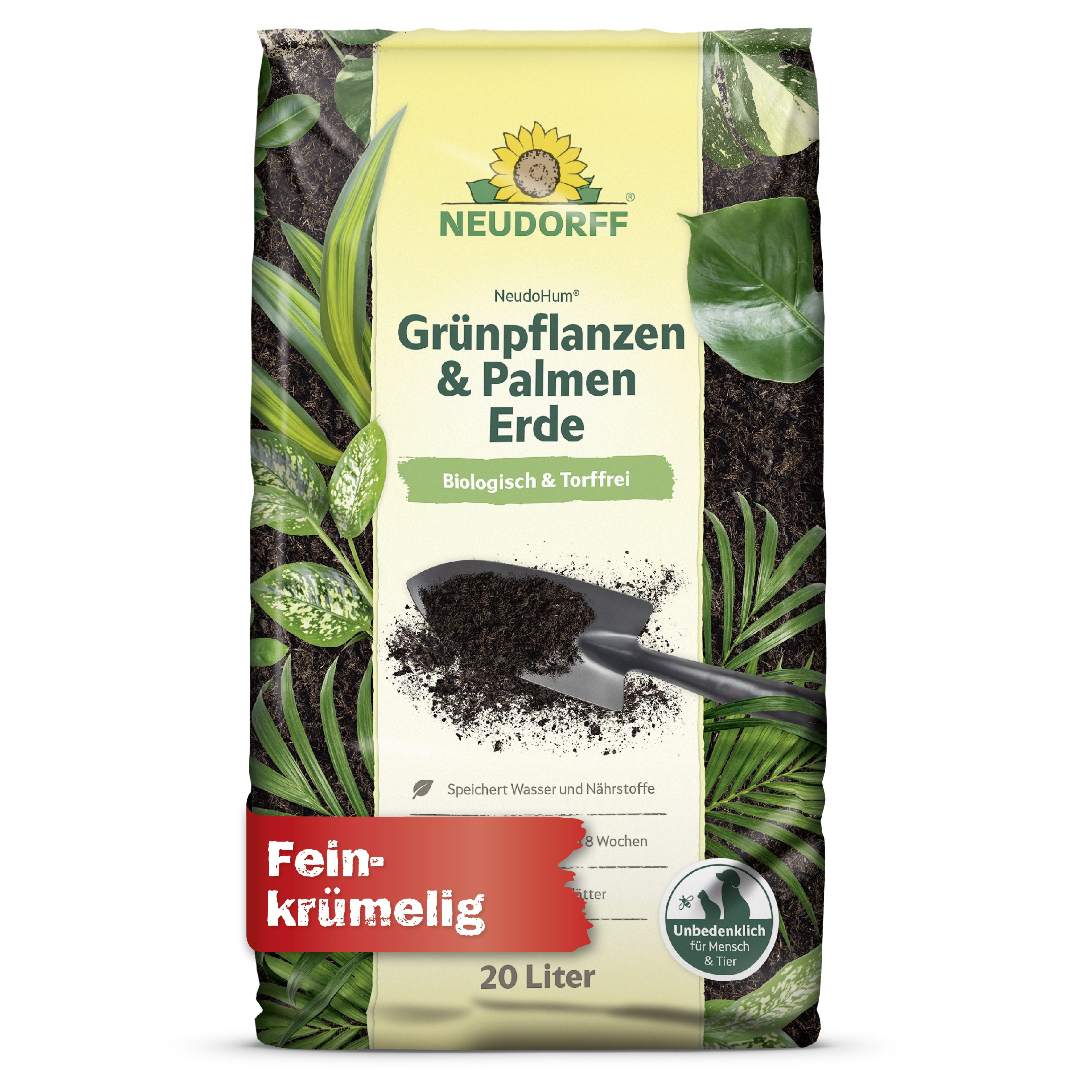 Neudorff Pflanzerde NeudoHum Grünpflanzen- & PalmenErde 20 Liter, mit Organische Grunddüngung, (Einzelartikel, Torffreie Erde für kräftige Grünpflanzen und intensiv grüne Blätter), Biologisch, torffrei, wasserspeichernd und bis zu 4 Wochen vorgedüngt