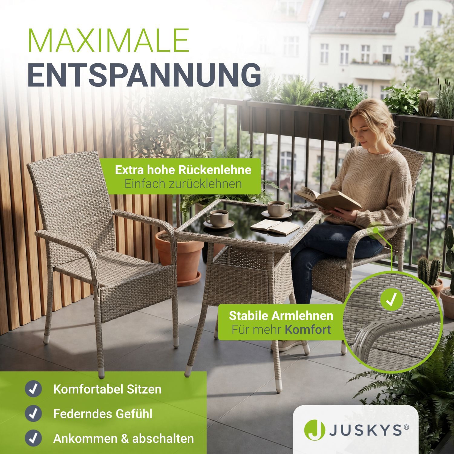 Juskys Gartenstuhl Yoro (2 St), stapelbar, modern, leicht und stabil