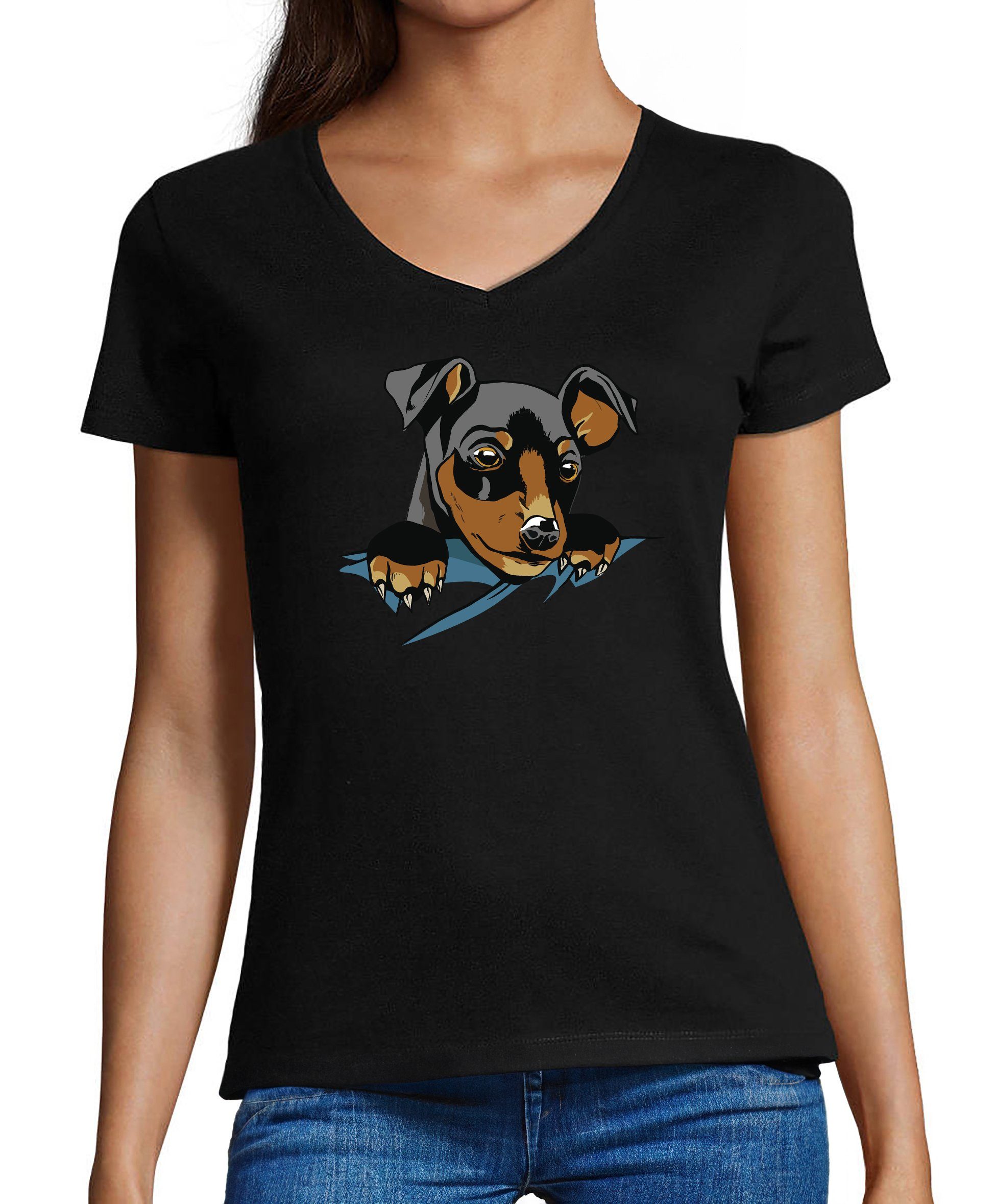 MyDesign24 T-Shirt Damen Hunde Print Shirt bedruckt - Süßer Hundewelpe V-Ausschnitt Baumwollshirt mit Aufdruck, Slim Fit, i227 schwarz