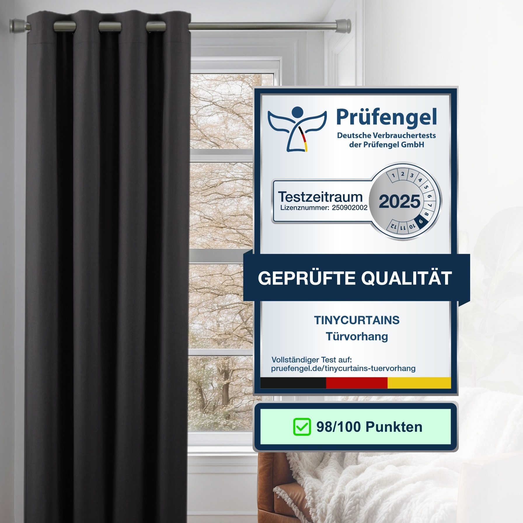 tinycurtains Türvorhang mit Stange silber 55-90 cm ohne Bohren, Thermo Vorhang mit Magneten, Ösen, abdunkelnd, Polyester, blickdicht, Schwarz Eclipse, Türgardine mit Klemmstange verdunkelnd