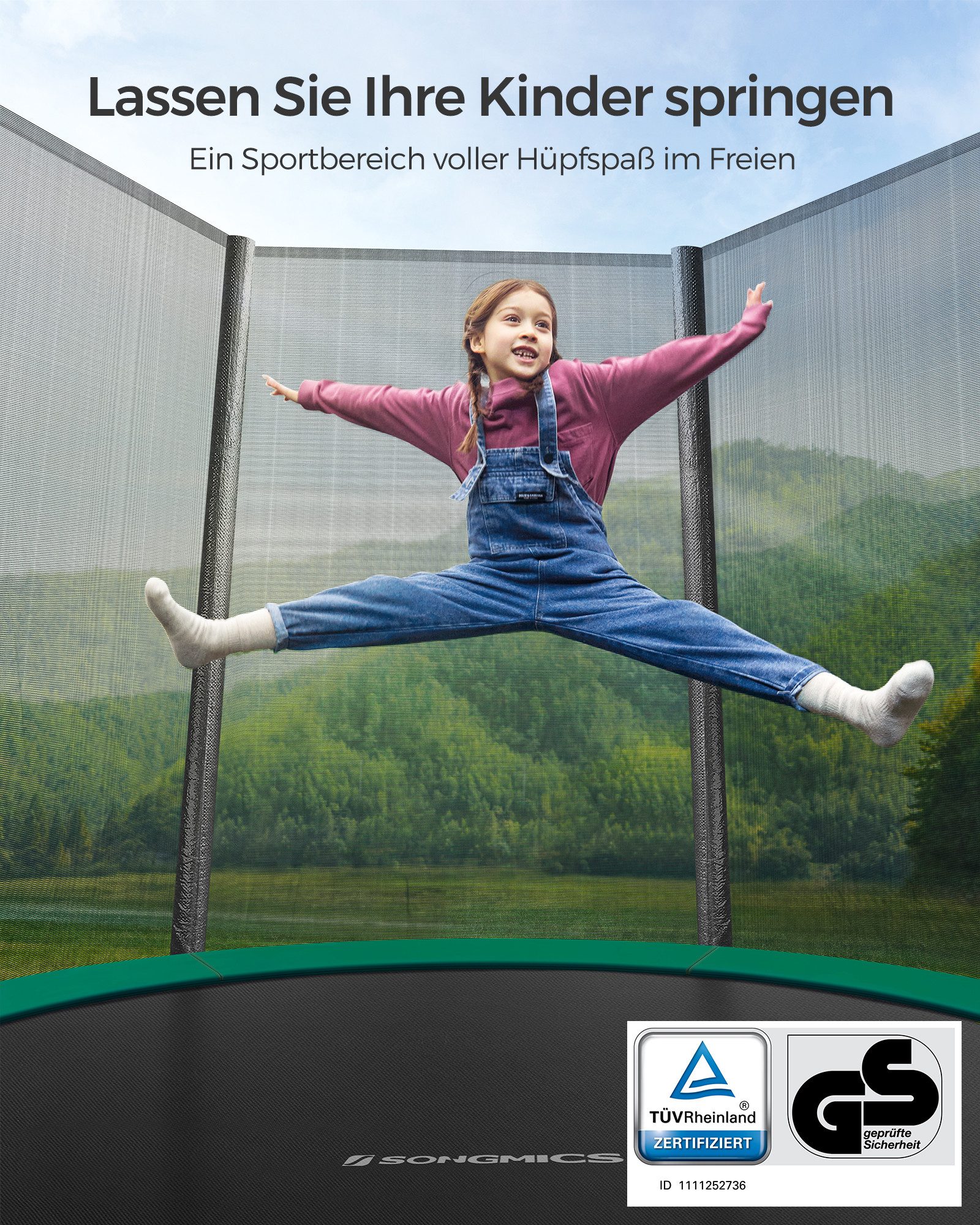 SONGMICS Gartentrampolin mit Randabdeckung, Sicherheitsnetz, Leiter und gepolsterten Stangen, Ø 183 cm, Ø244/Ø305/ Ø366 cm, mit Leiter und gepolsterten Stangen