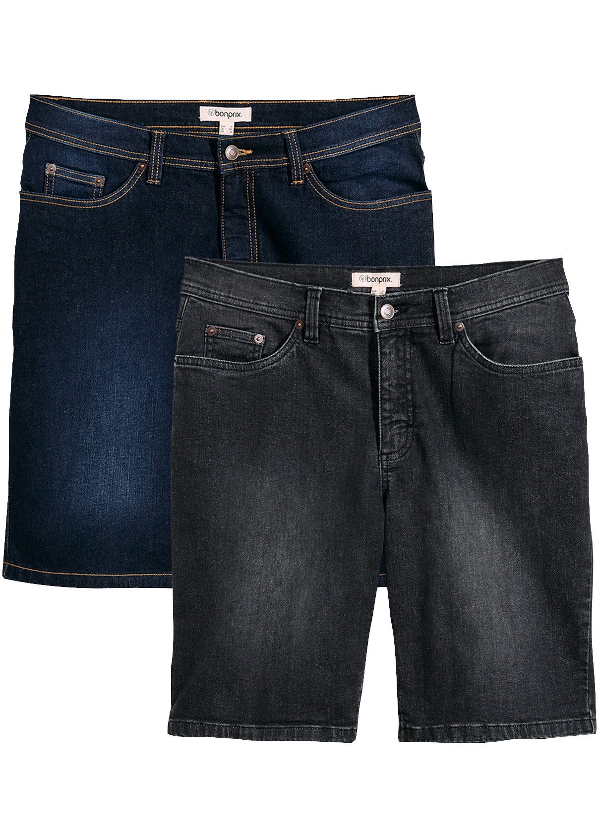 bonprix Jeansbermudas (Packung, 2-tlg., 2er) mit Elasthan-Anteil, im Straight Fit, mit Used-Effekten, 5-Pocket-Form