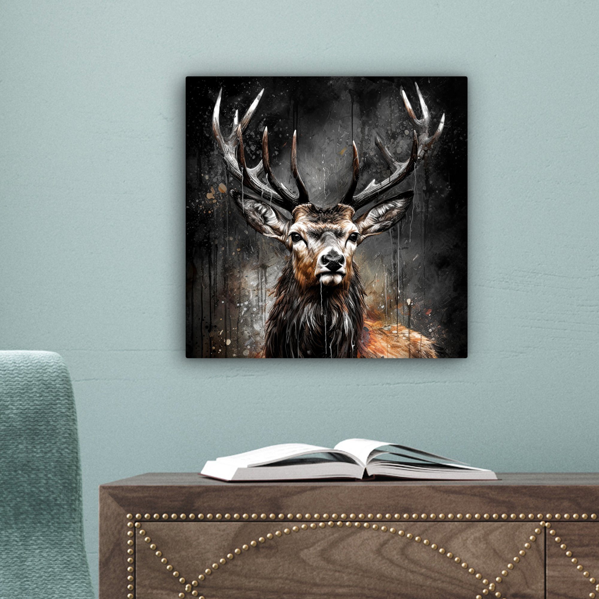 OneMillionCanvasses® Leinwandbild Hirsch Tier Wohnzimmer - für 20x20 Schwarz - St), Bilder Leinwand (1 - cm Hirschkopf, Schlafzimmer