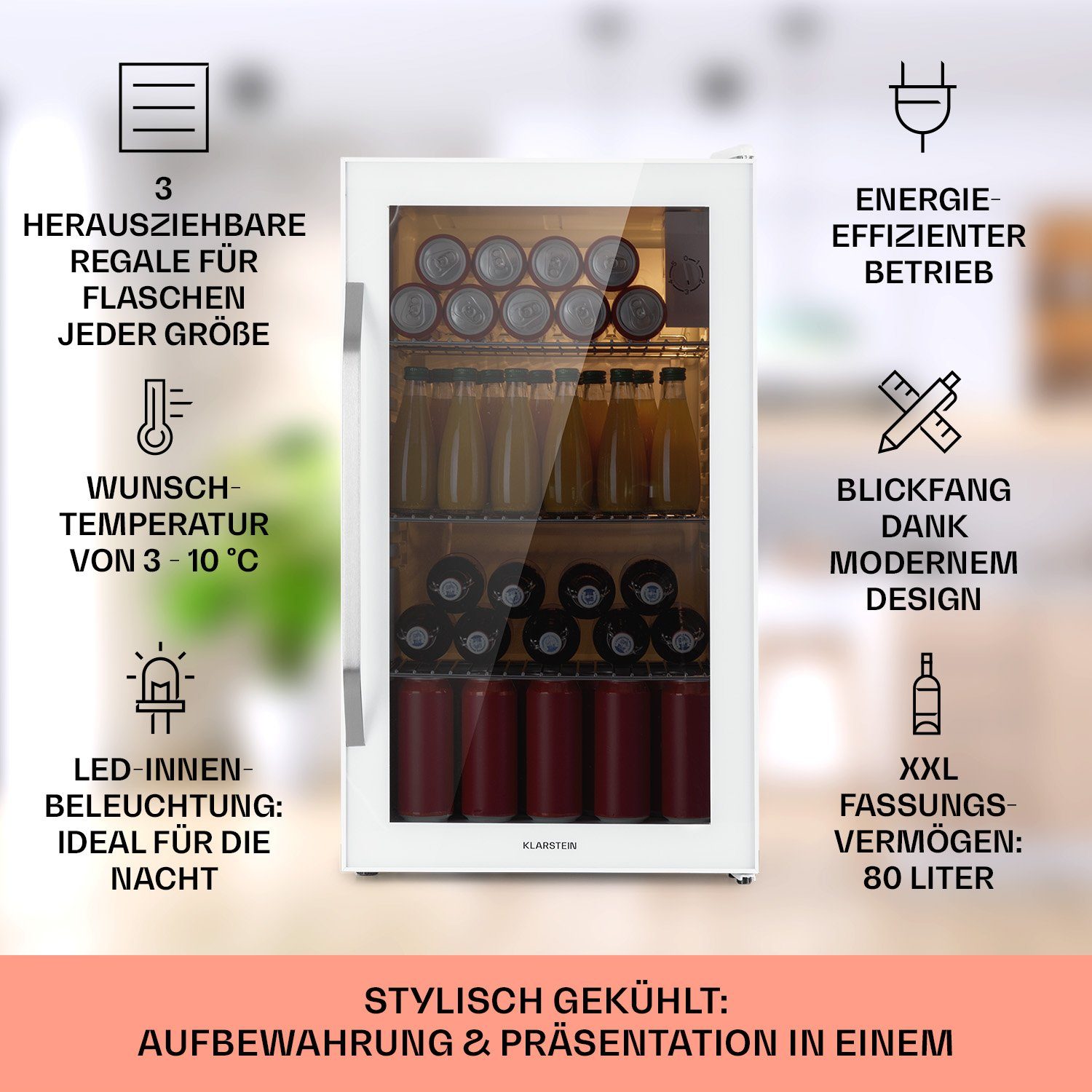 Klarstein Getränkekühlschrank Beersafe XXL Quartz Kühlschrank 80L 3 Böden Panoramaglastür R600a 10039427, 84.5 cm hoch, 47.4 cm breit, Bierkühlschrank Getränkekühlschrank Flaschenkühlschrank mit Glastür