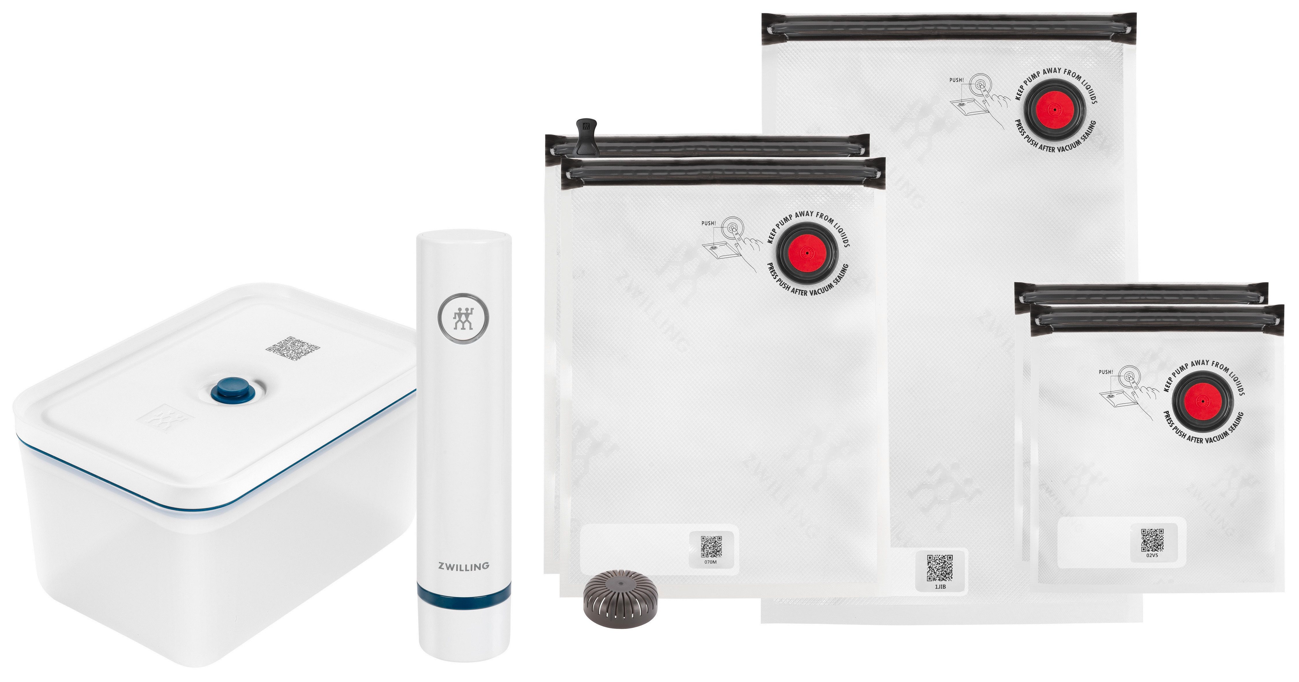 Zwilling Aufbewahrungssystem Fresh & Save, Kunststoff, (Set, 7-tlg., 1 Pumpe, 1 Vakuumbox (L), 2 Vakuumbeutel (S) + (M), 1 Vakuumbeutel (L), Vakuum Starter-Set, Kunststoff, spülmaschinengeeignet, Box, Beutel