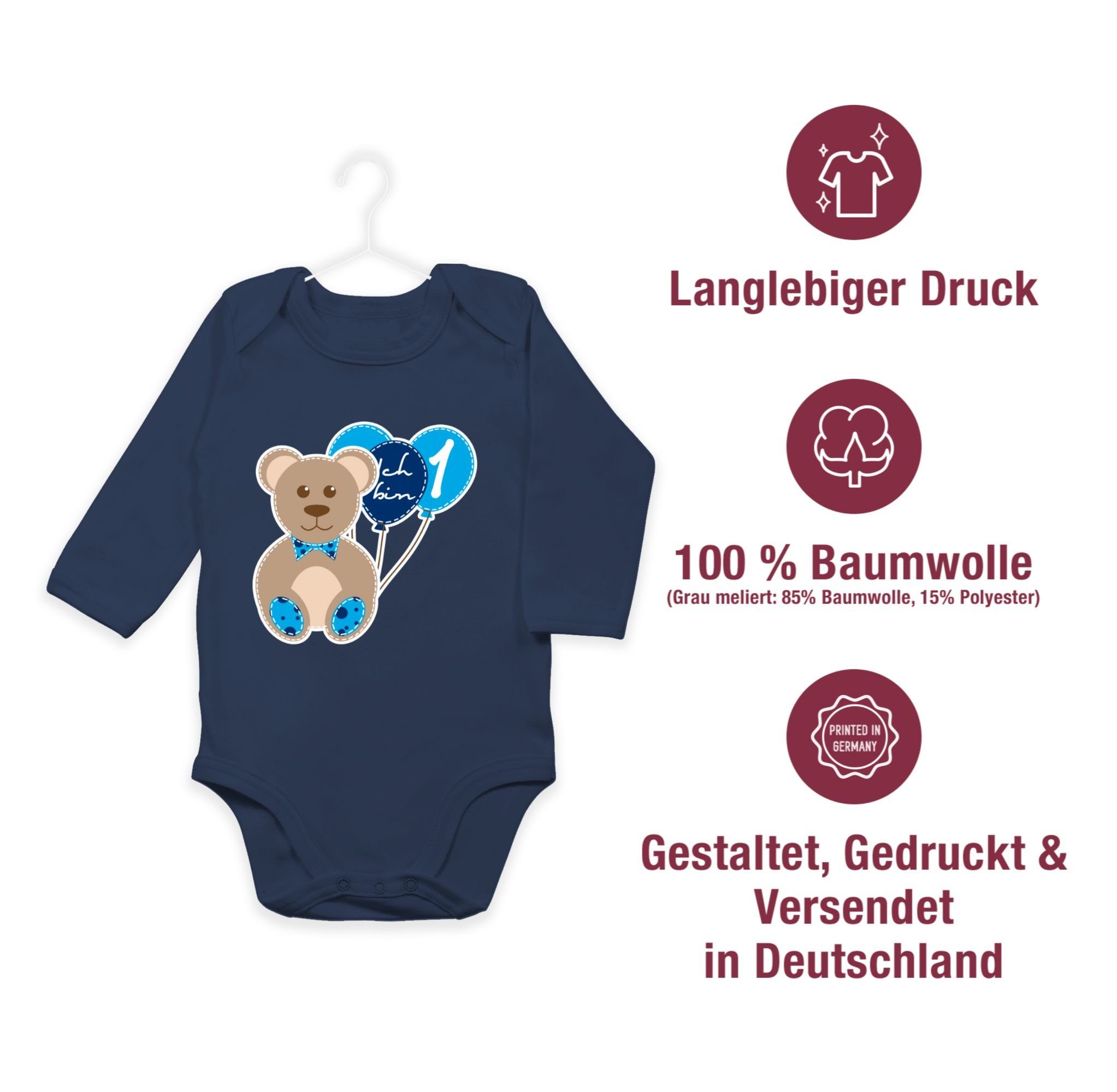 bin Blau Bär Shirtracer Ich Navy Erster Shirtbody 1. 2 Junge Luftballons eins Geburtstag