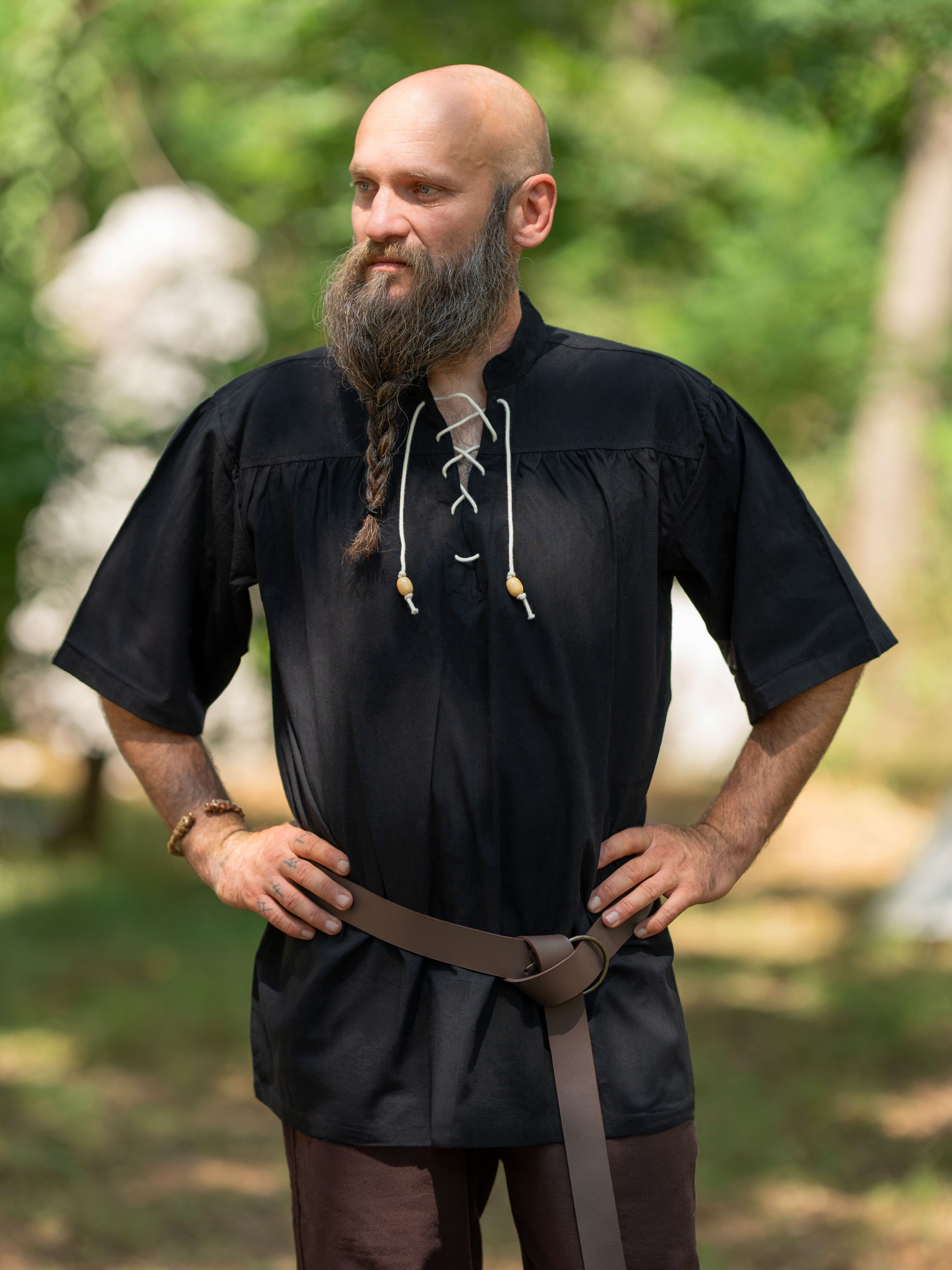 Vehi Mercatus Wikinger-Kostüm Klassiches Mittelalter Hemd kurzarm, Schwarz "Rainald"