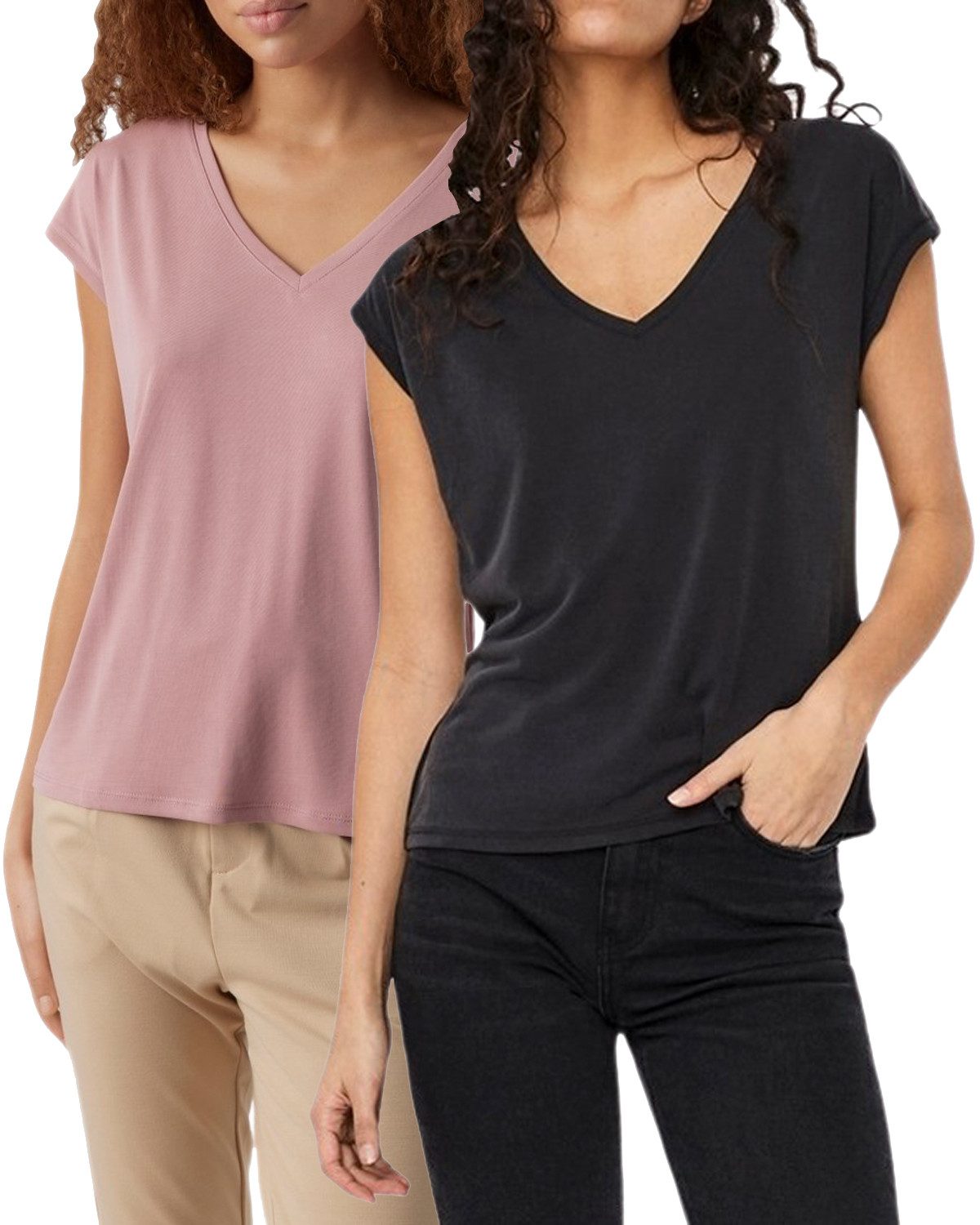 Vero Moda T-Shirt (2er-Pack) Basic Shirt mit V-Ausschnitt im Doppelpack