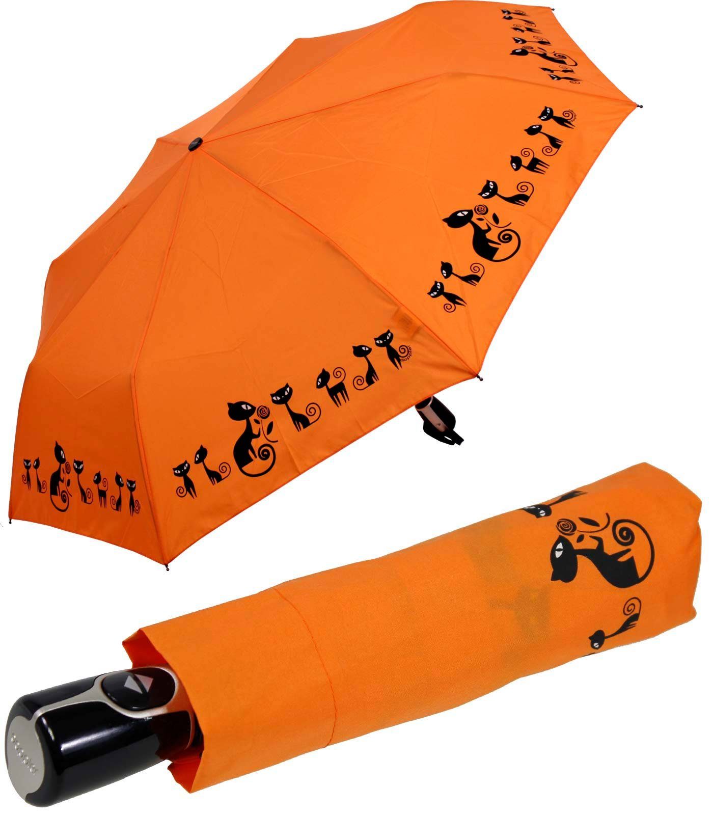 doppler® Taschenregenschirm Damen Auf-Zu-Automatik Magic Fiber - Cats, für Katzen-Liebhaber - elegant, stabil und praktisch orange