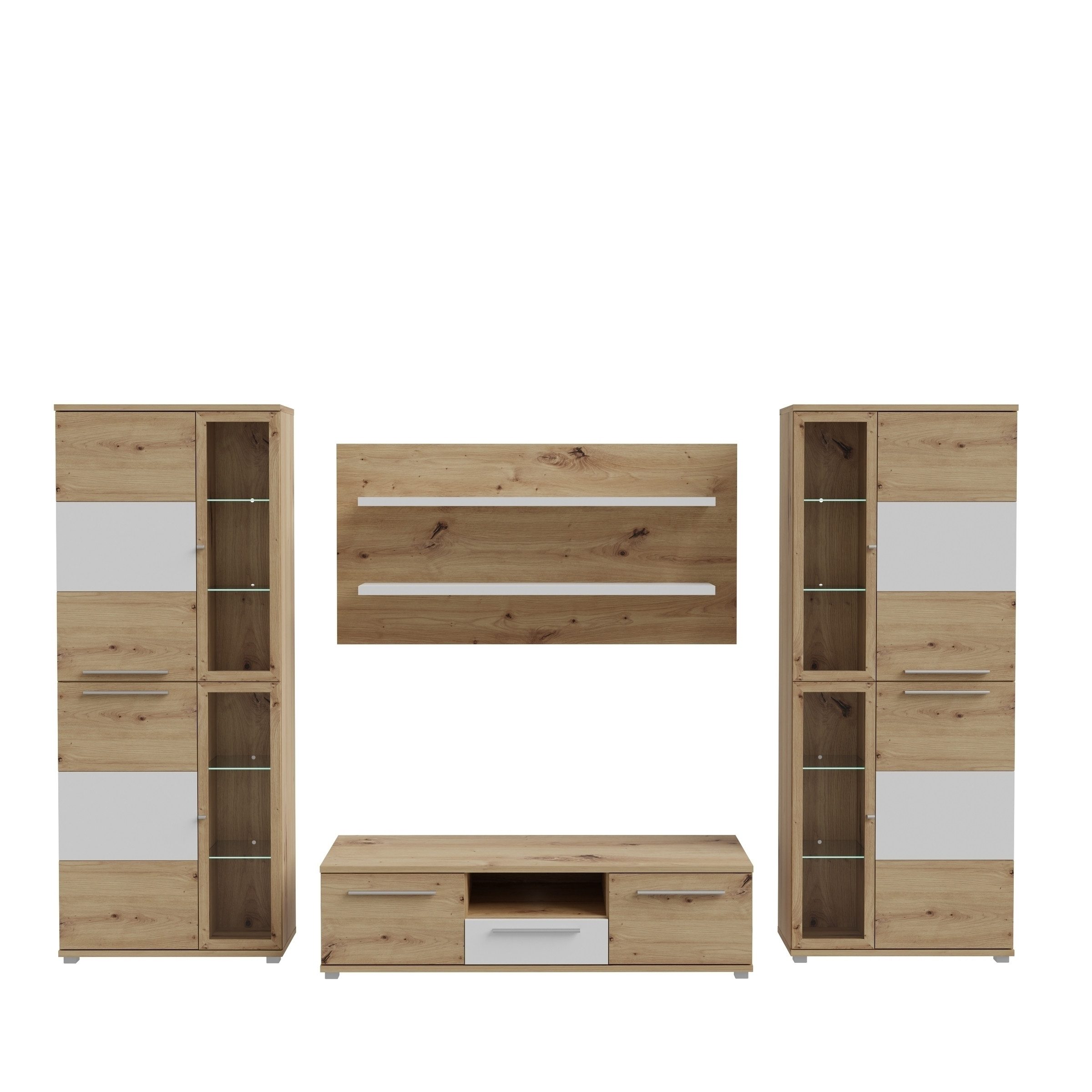FORTE Wohnwand in Weiss / Artisan Eiche - 334x199,6x55cm (BxHxT)