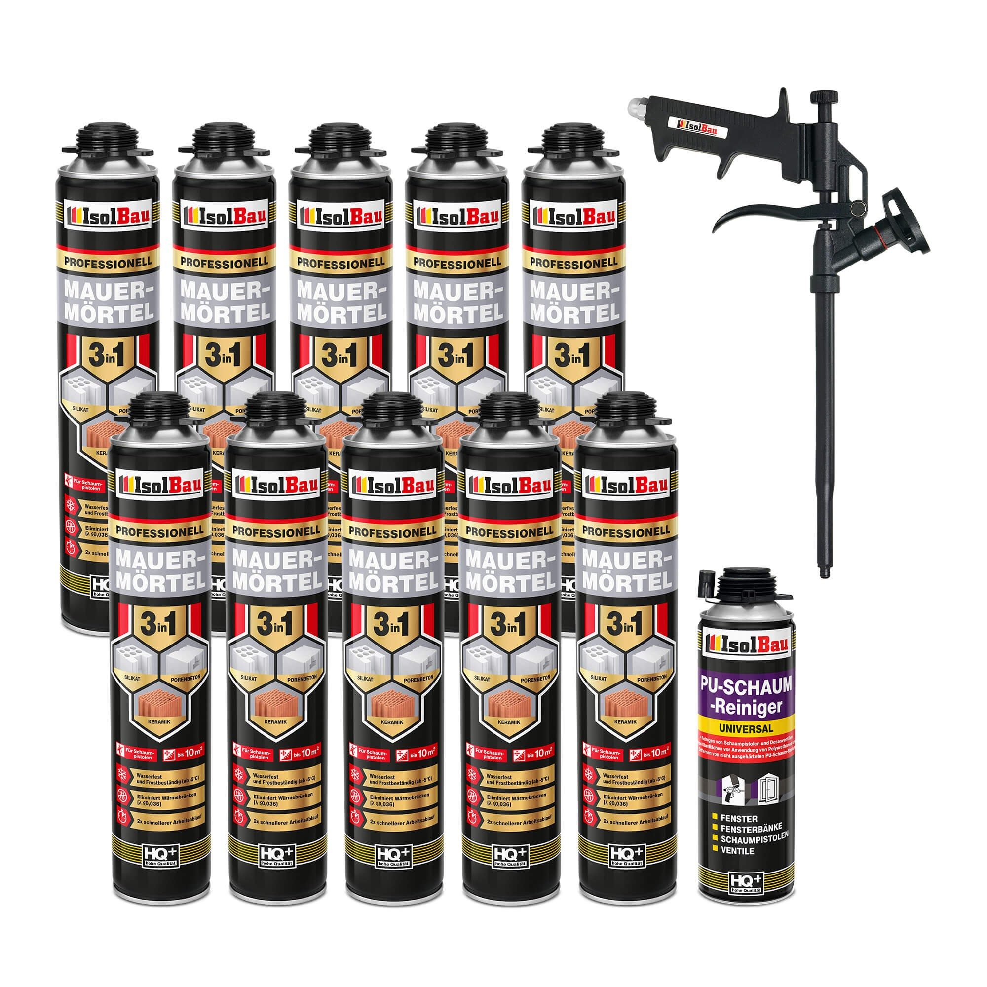 None Montagekleber Mauermörtel 10 x 750ml SET Teflon Schaumpistole Pistolenschaum, PU Schaum 750 ml, Reiniger 500 ml, Schaumpistole