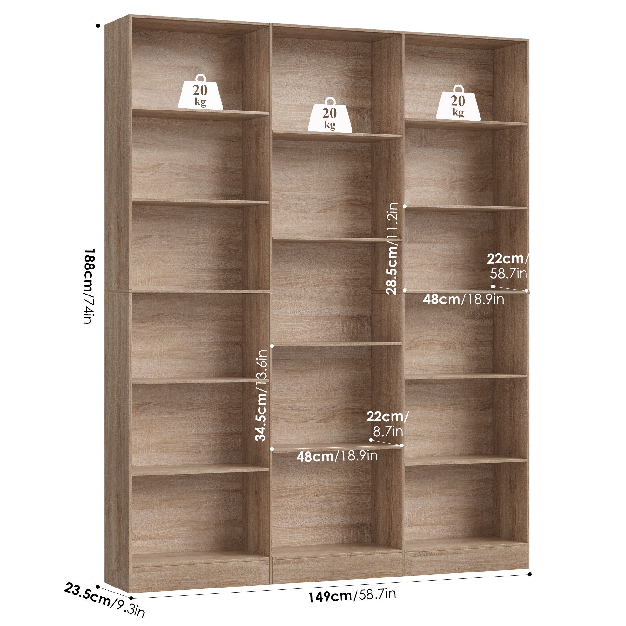 Homfa Bücherregal 188cm Standregal Büroregal Bücherschrank, mit 17 Fächern, 149x23,5x188cm – Bild 4 von 5
