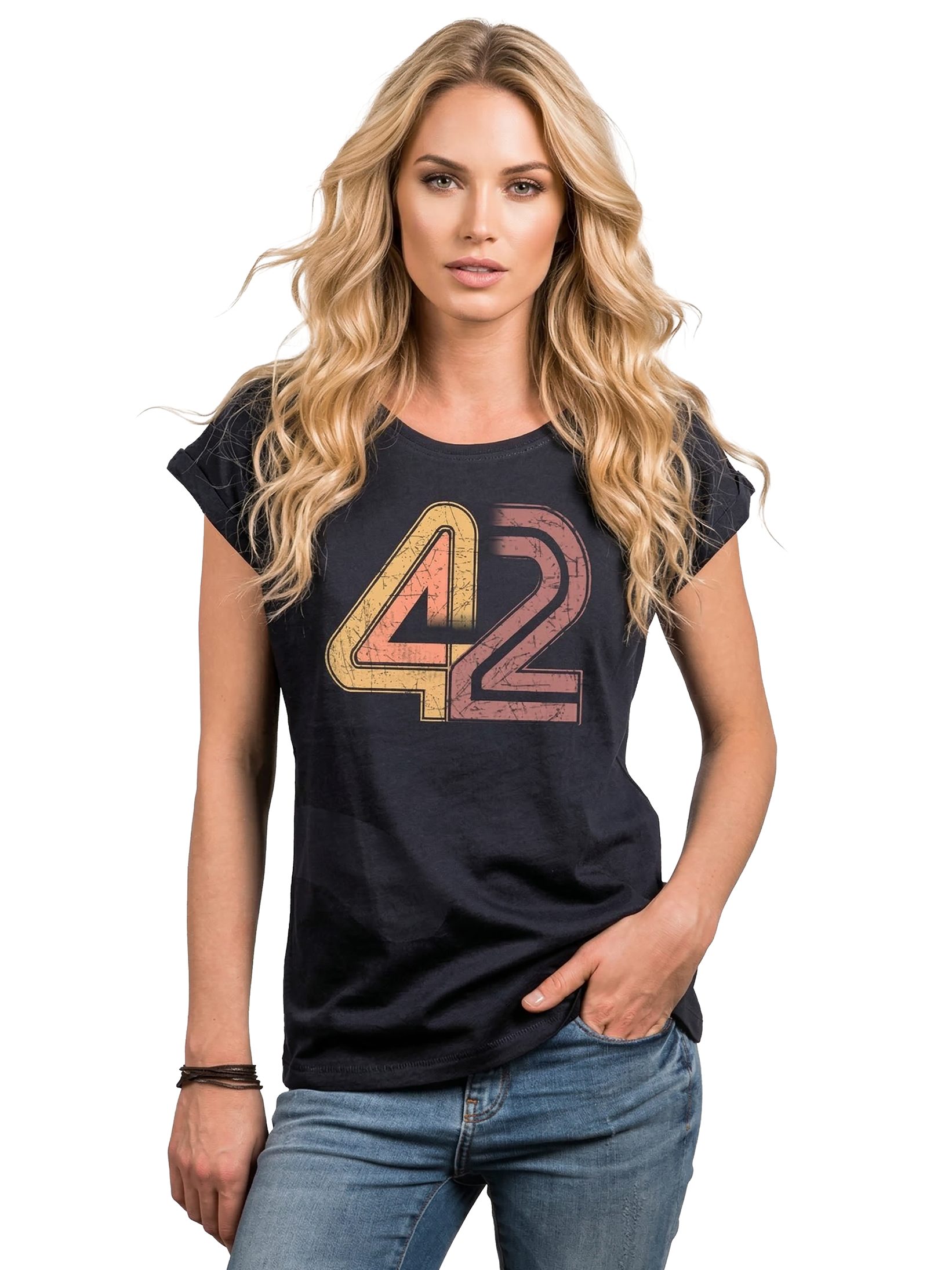 MAKAYA T-Shirt Vintage Damen-Top mit Zahl 42 – Galaxie-Motiv im Retro-Stil (Schwarz, Blau, Grau, 34, 36, 38, 40, 42, 44, 46, 48, 50) Baumwolle