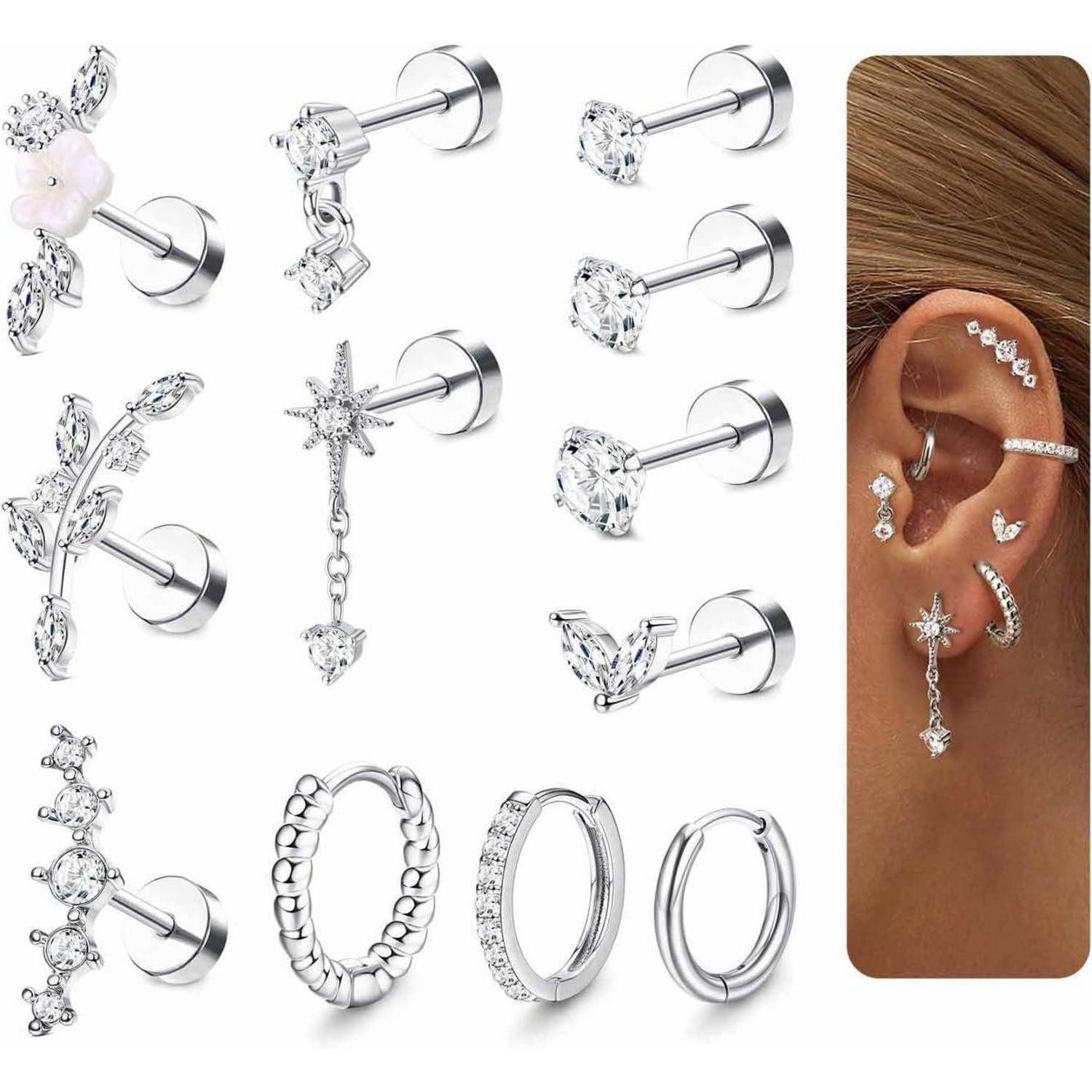 Adramata Piercing-Set 12Pcs Helix Piercings Set Chirurgenstahl Ohrringe CZ günstig online kaufen