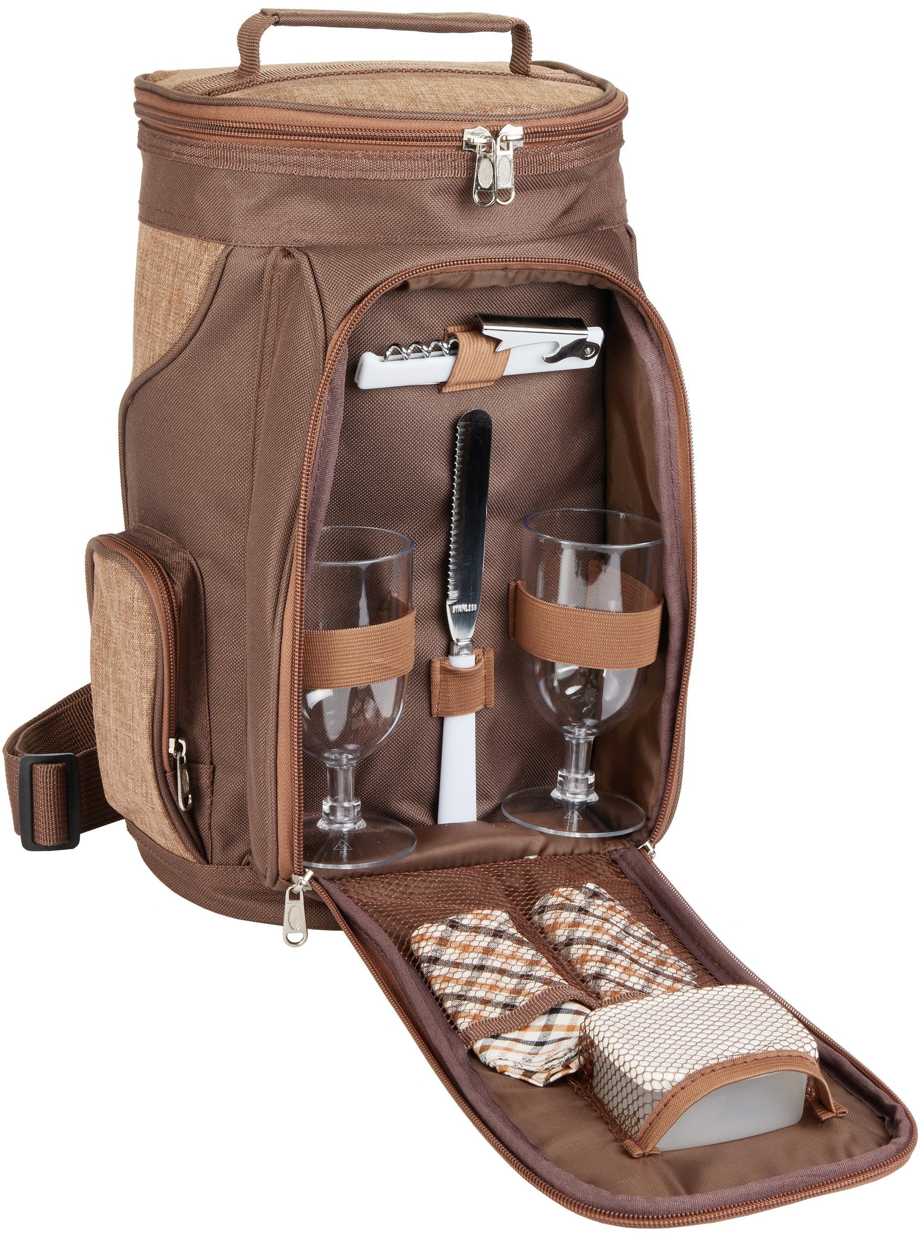 BRUBAKER Freizeitrucksack Picknicktasche mit Henkel (Picknick-Set, isolierender Thermorucksack), gepolsterte Kühltasche für 2 Flaschen Wein und Champagner