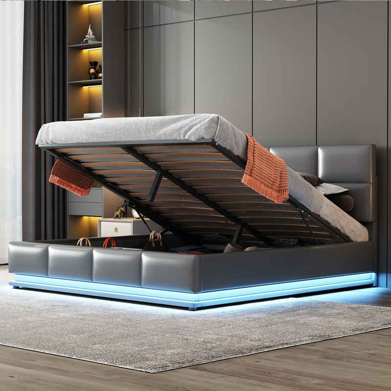 Flieks Polsterbett, LED hydraulisches Doppelbett Kunstleder 160x200cm