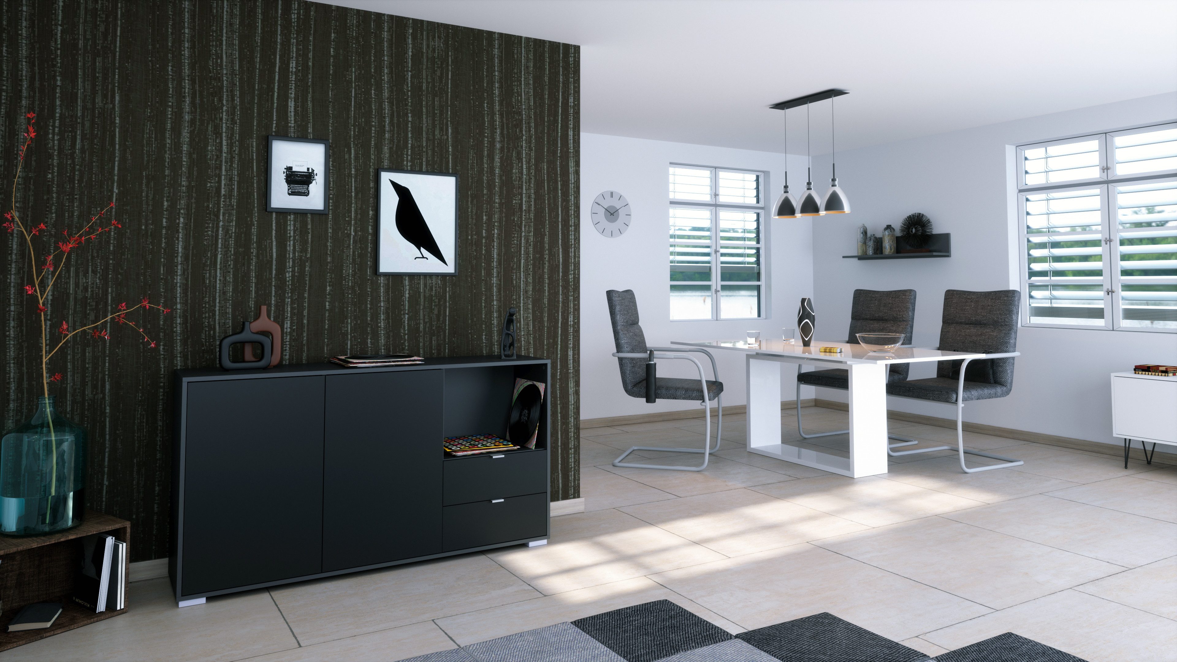 Vladon Sideboard Milano (Kommode mit 2 Türen Schwarz matt, 2 Schubladen Schwarz matt, Made in Germany), Korpus Anthrazit matt (152,5 x 83 x 37 cm)