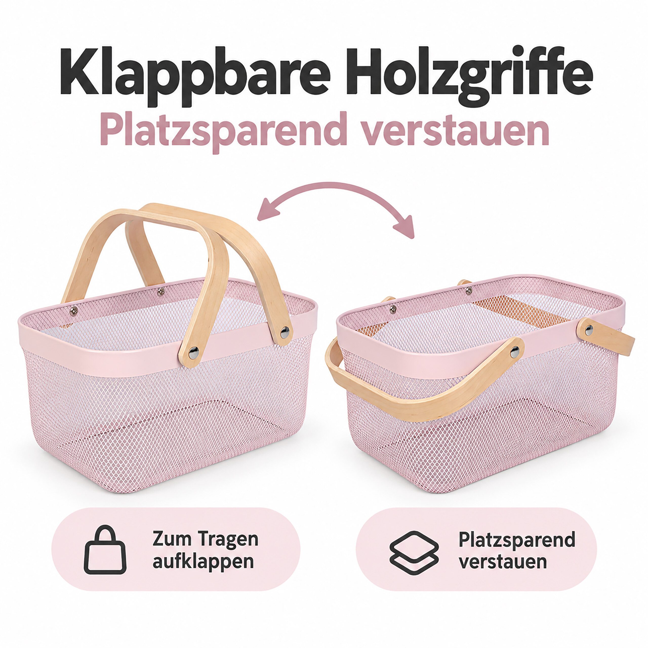 relaxdays Aufbewahrungskorb Eckiger Drahtkorb mit Henkeln (1 St), Rosa – Bild 5 von 5