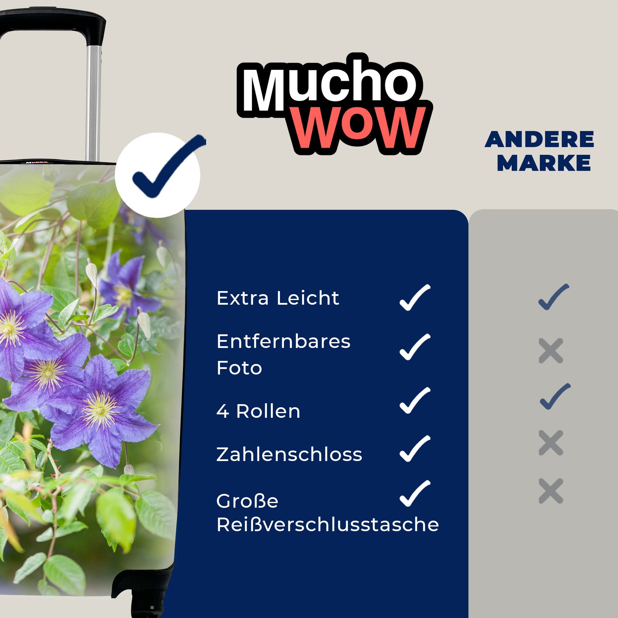 MuchoWow Handgepäckkoffer für Blüten an Kletterpflanze, Rollen, Ferien, Handgepäck 4 Reisetasche Trolley, rollen, mit Reisekoffer Lila einer
