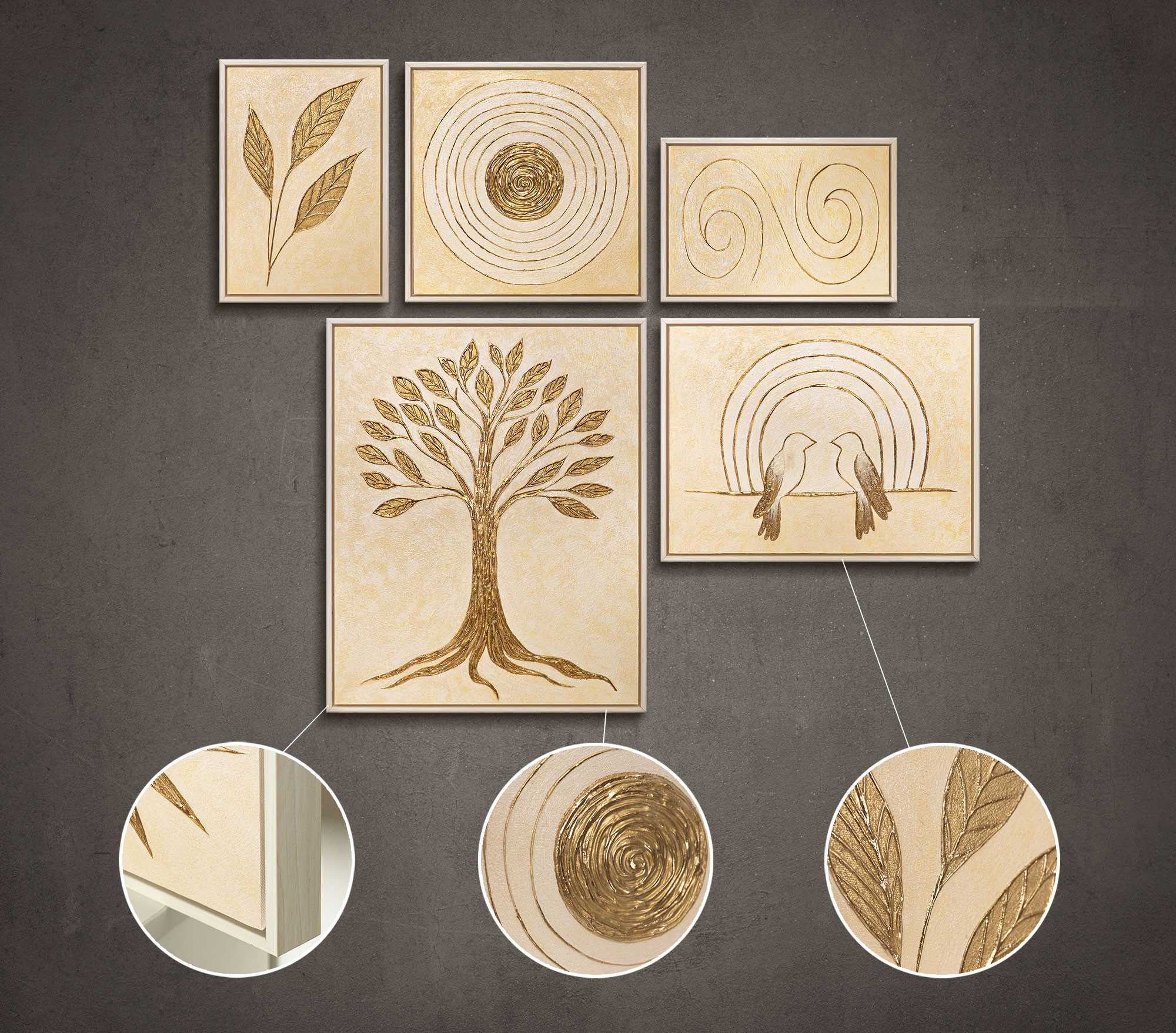 YS-Art Gemälde "Leuchten der Natur", Natur (Set, 5 St), Wandbilder Set mit floralen und natürlichen Motiven in Gold und Beige